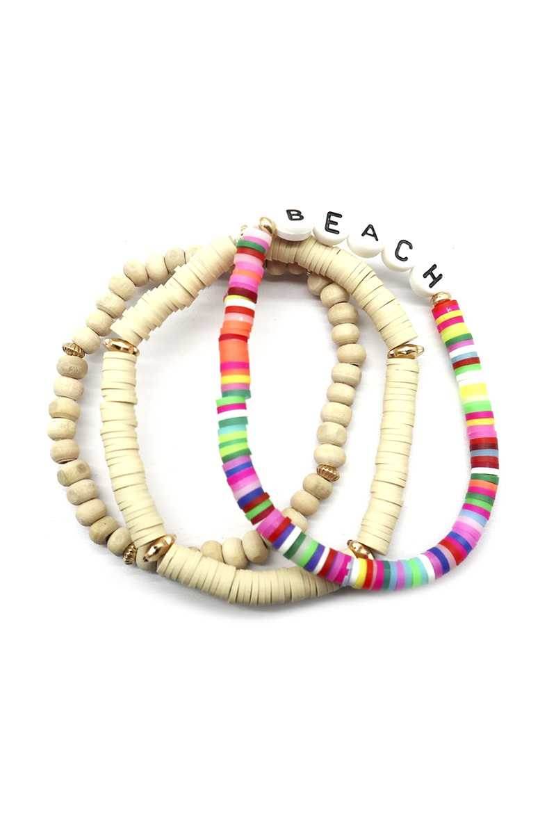 Fashion Wood Rubber Disc Bead Beach Letter Stretch Multi Bracelet - LLR Chic