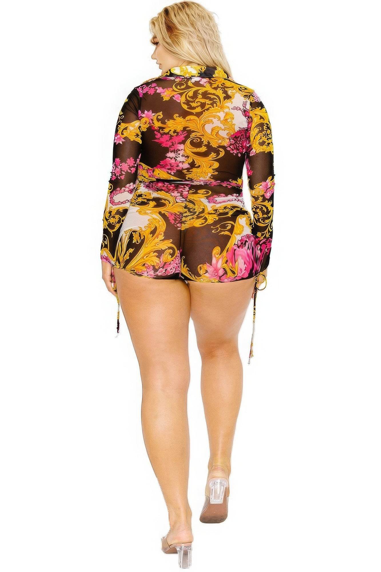 Plus gold & floral pattern print belted romer - LLR Chic