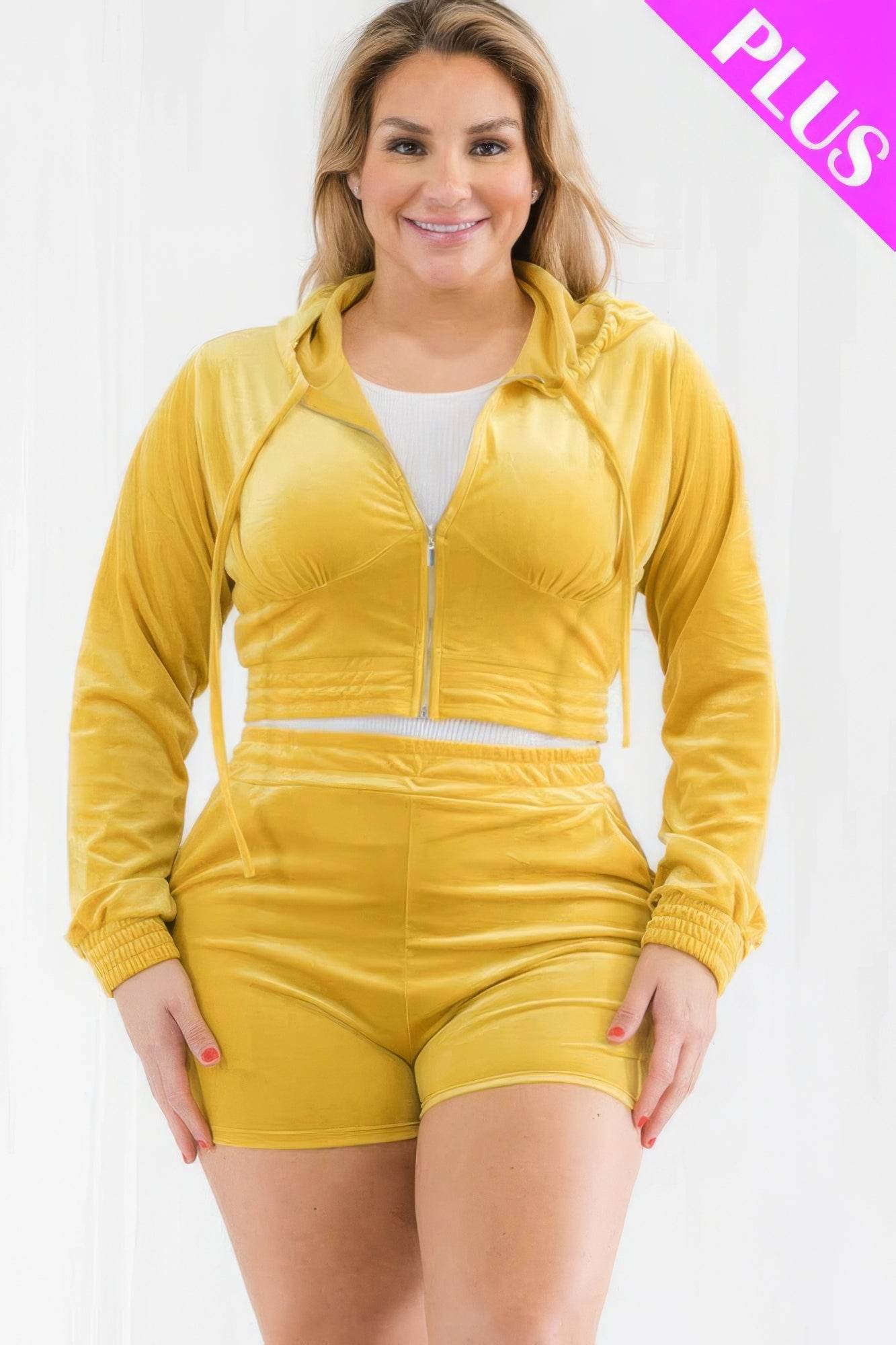 Plus Size Velour Crop Zip Up Hoodie And Shorts Set - LLR Chic