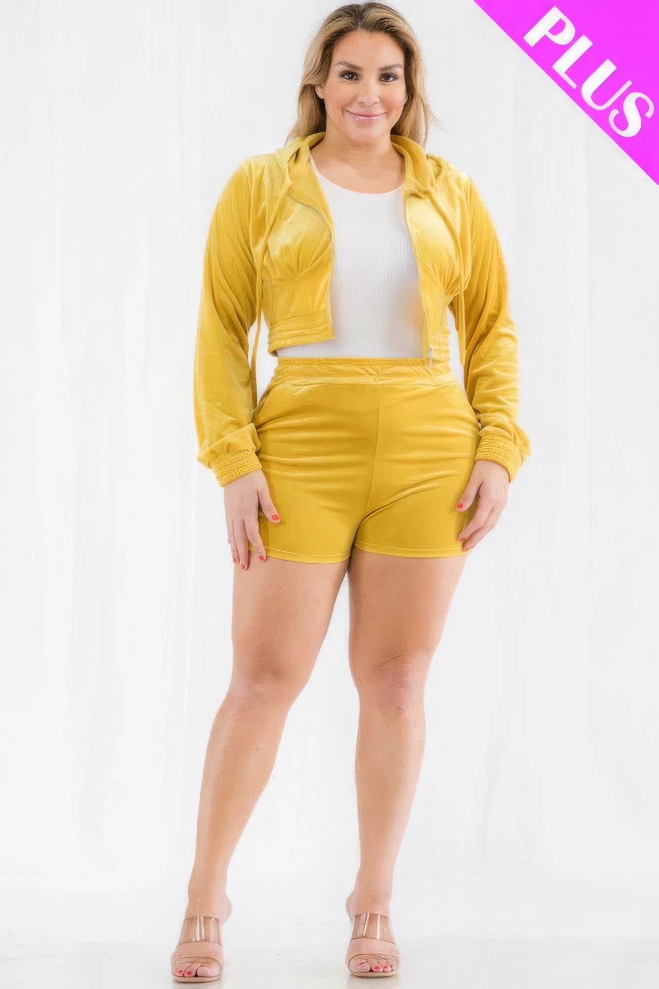 Plus Size Velour Crop Zip Up Hoodie And Shorts Set - LLR Chic