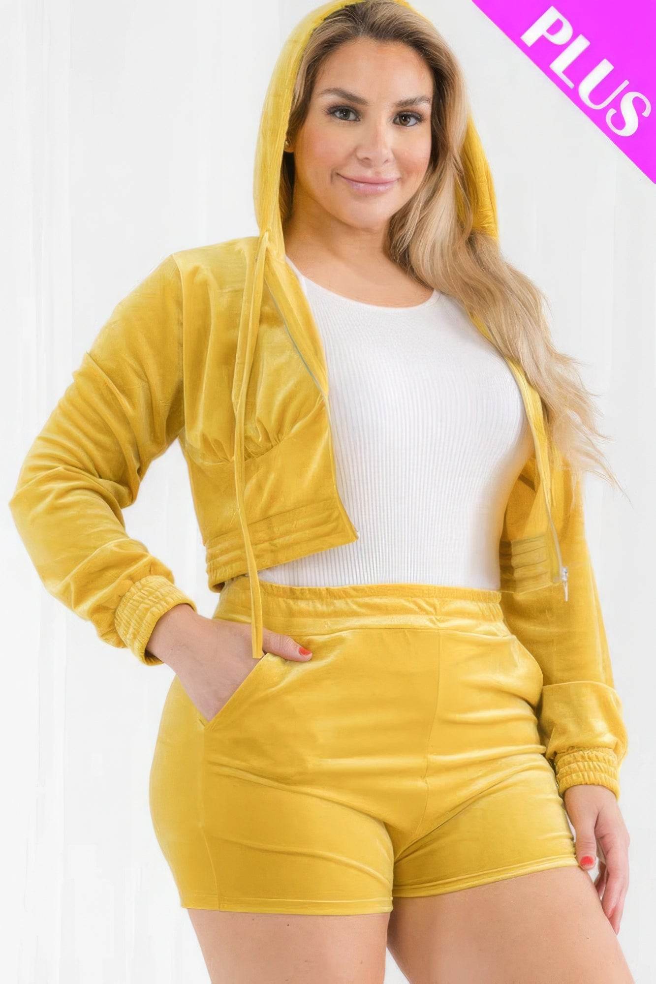 Plus Size Velour Crop Zip Up Hoodie And Shorts Set - LLR Chic