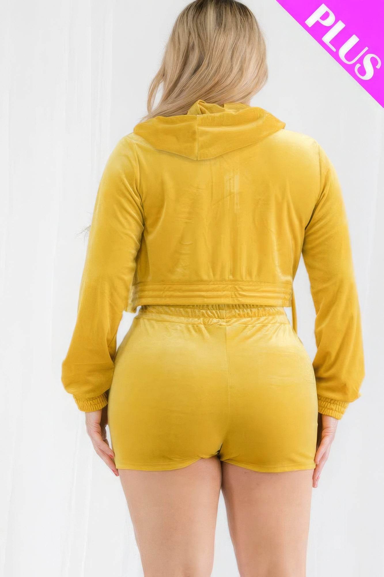 Plus Size Velour Crop Zip Up Hoodie And Shorts Set - LLR Chic