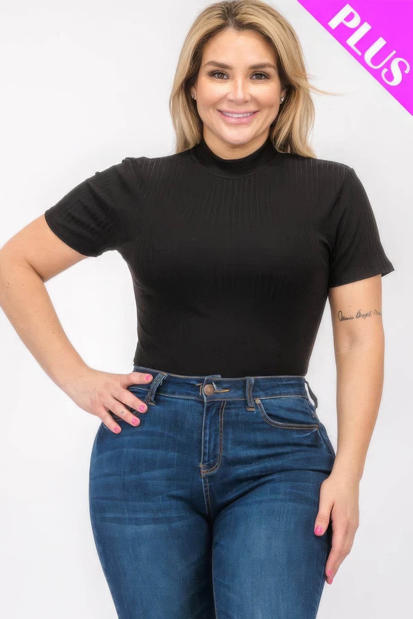 Plus Size Ribbed Short Sleeve Bodysuit - LLR Chic