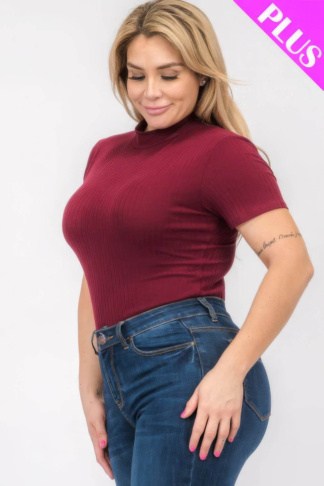 Plus Size Ribbed Short Sleeve Bodysuit - LLR Chic