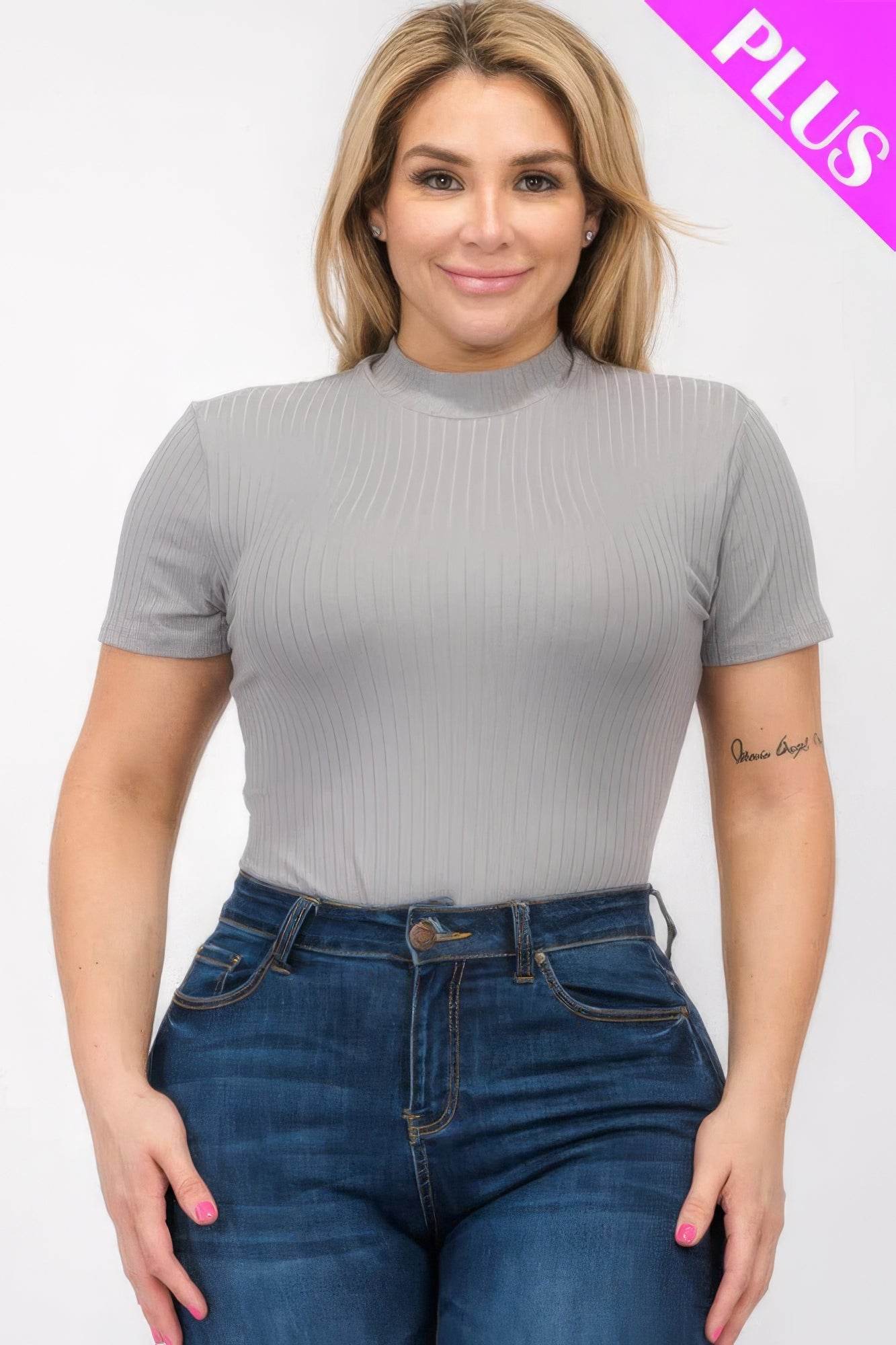 Plus Size Ribbed Short Sleeve Bodysuit - LLR Chic