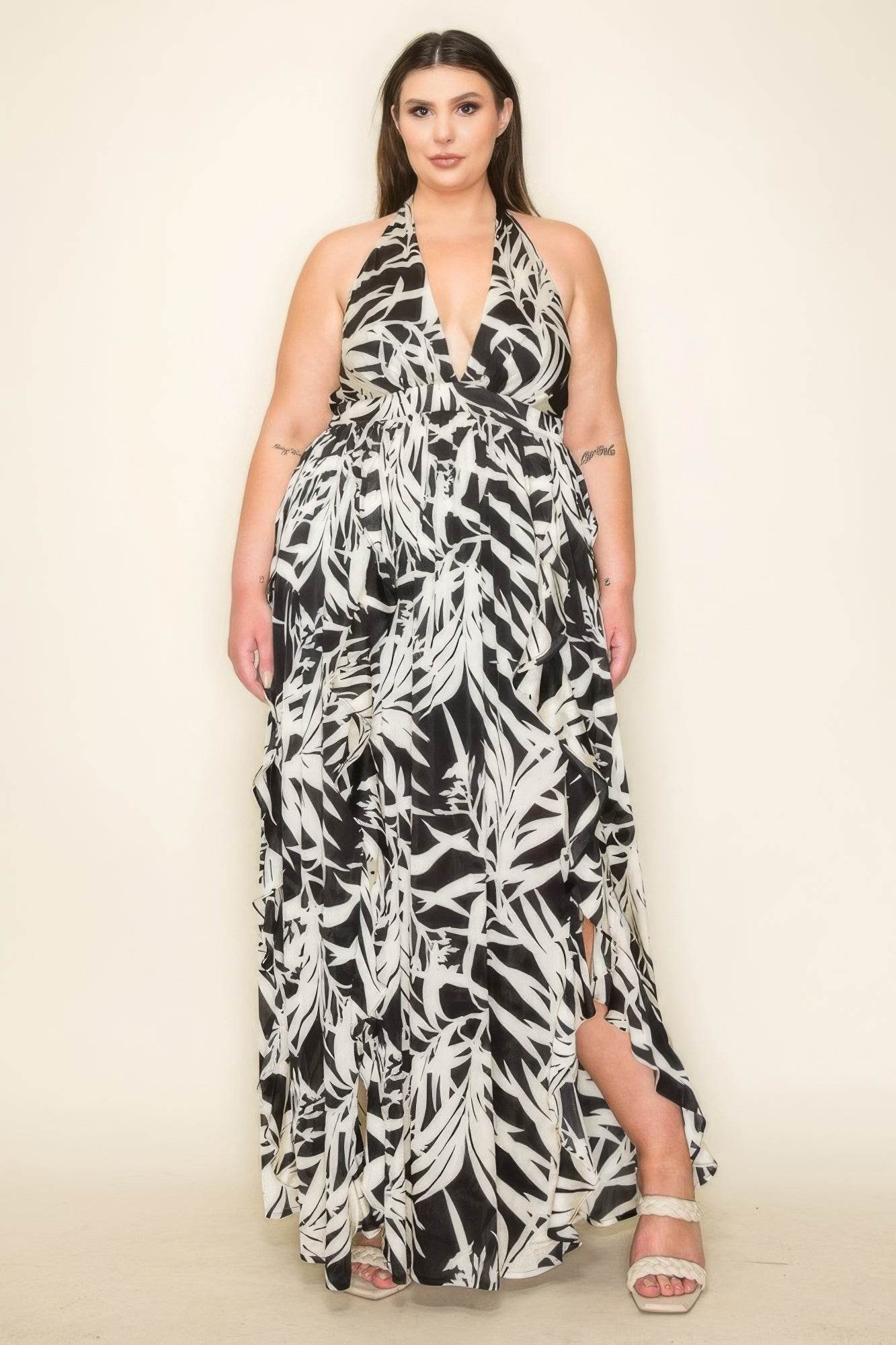 Crinkle Satin Printed Halter Ruffled Detail Smocked Waist Slit Frt Maxi Dress - LLR Chic