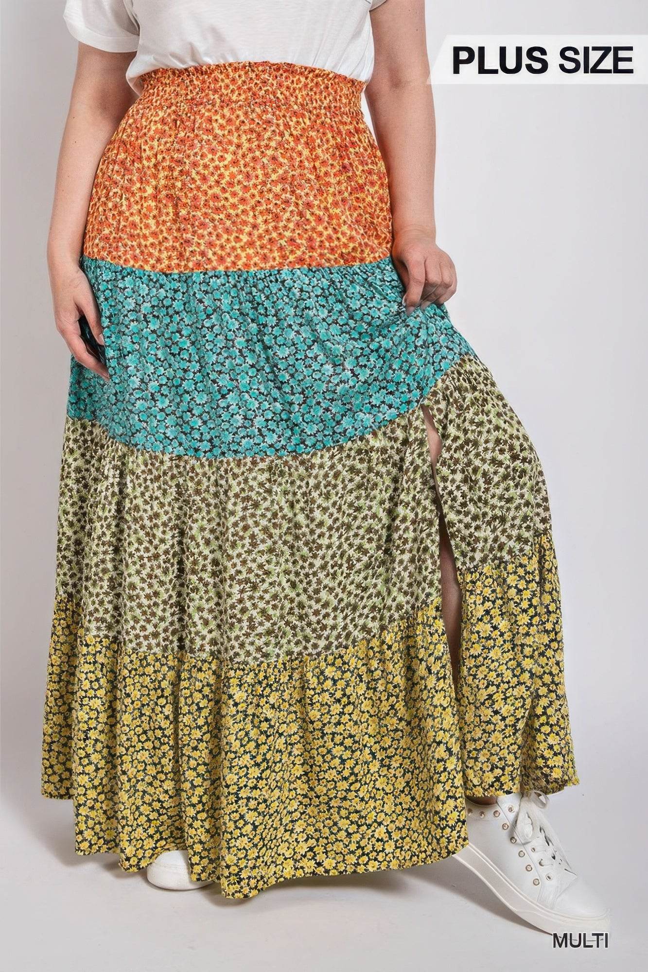 Ditsy floral color block skirt with front slit - LLR Chic