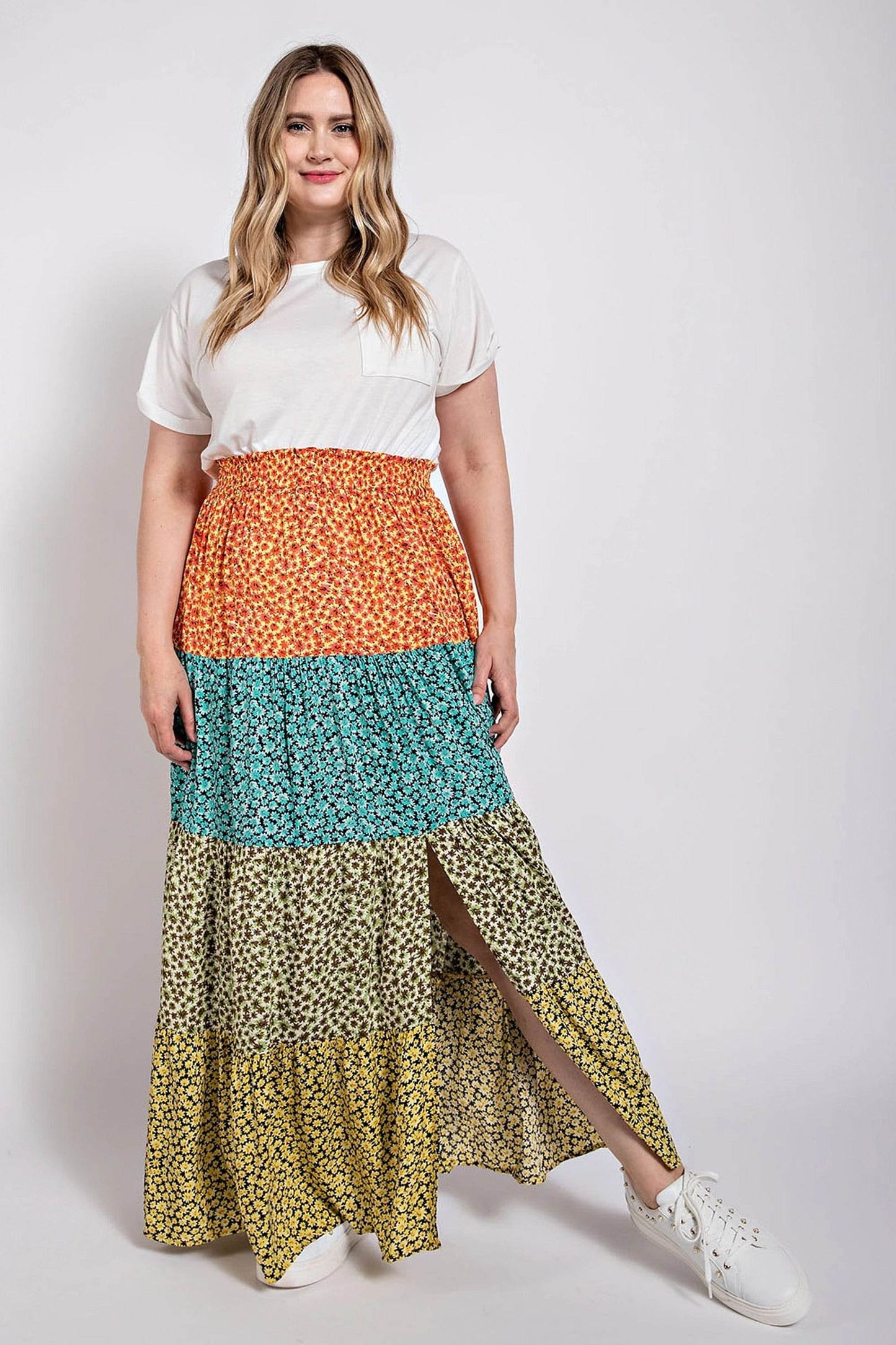 Ditsy floral color block skirt with front slit - LLR Chic