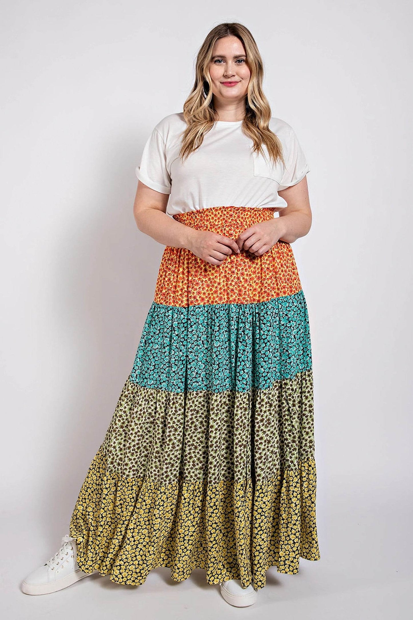 Ditsy floral color block skirt with front slit - LLR Chic