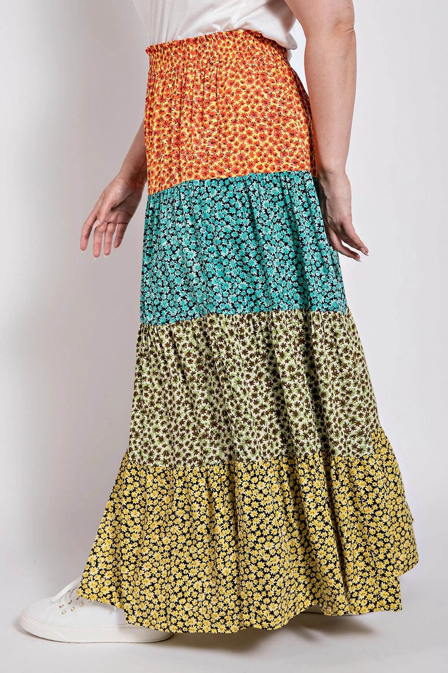Ditsy floral color block skirt with front slit - LLR Chic