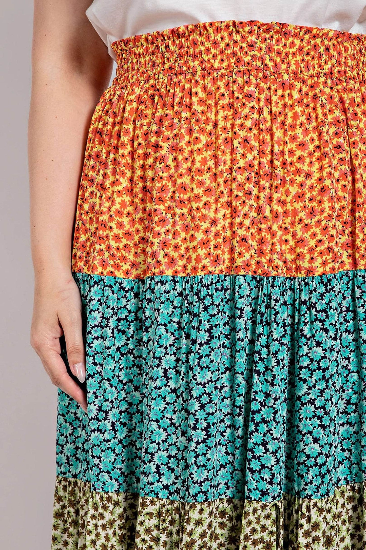 Ditsy floral color block skirt with front slit - LLR Chic