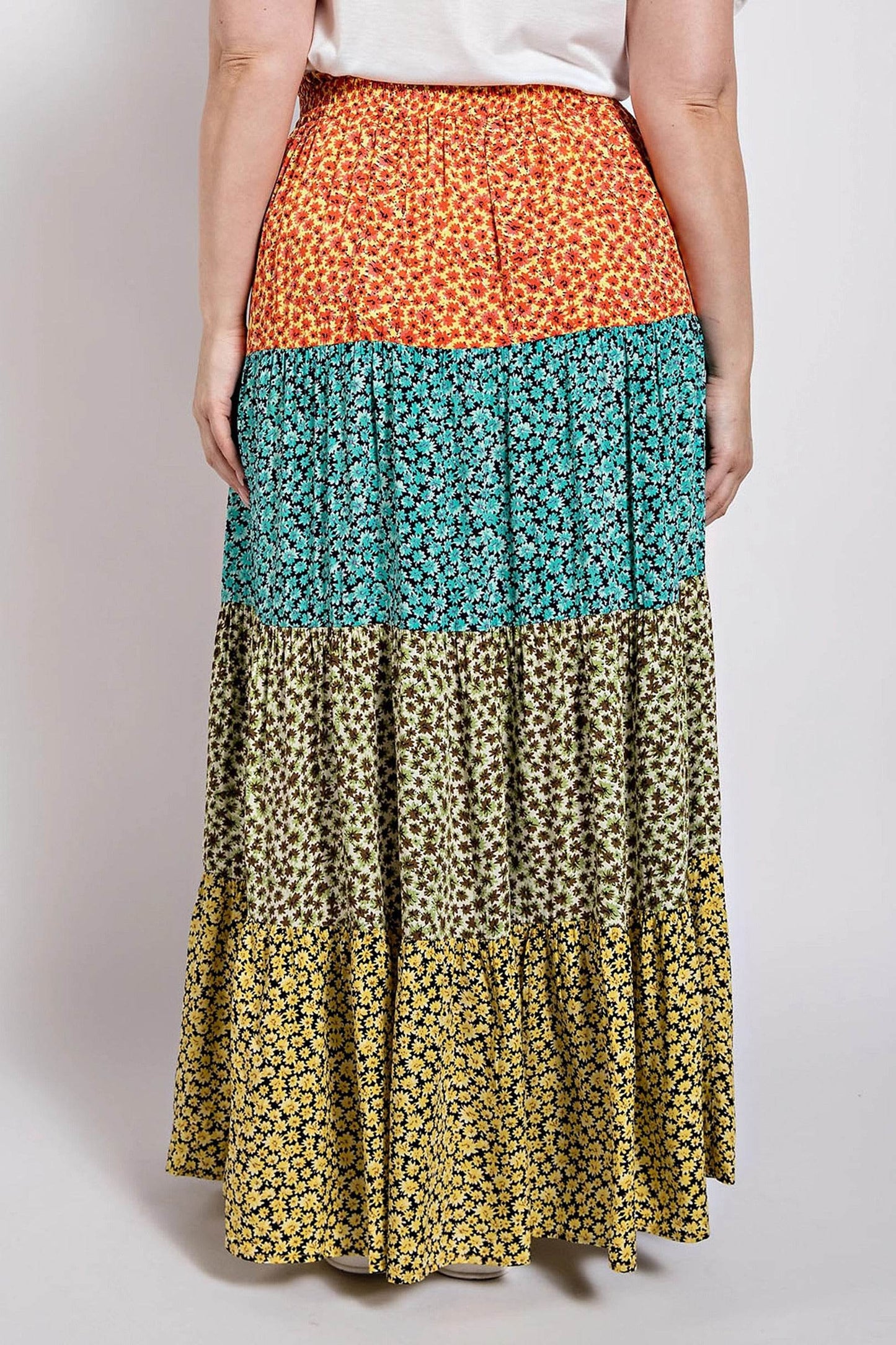 Ditsy floral color block skirt with front slit - LLR Chic