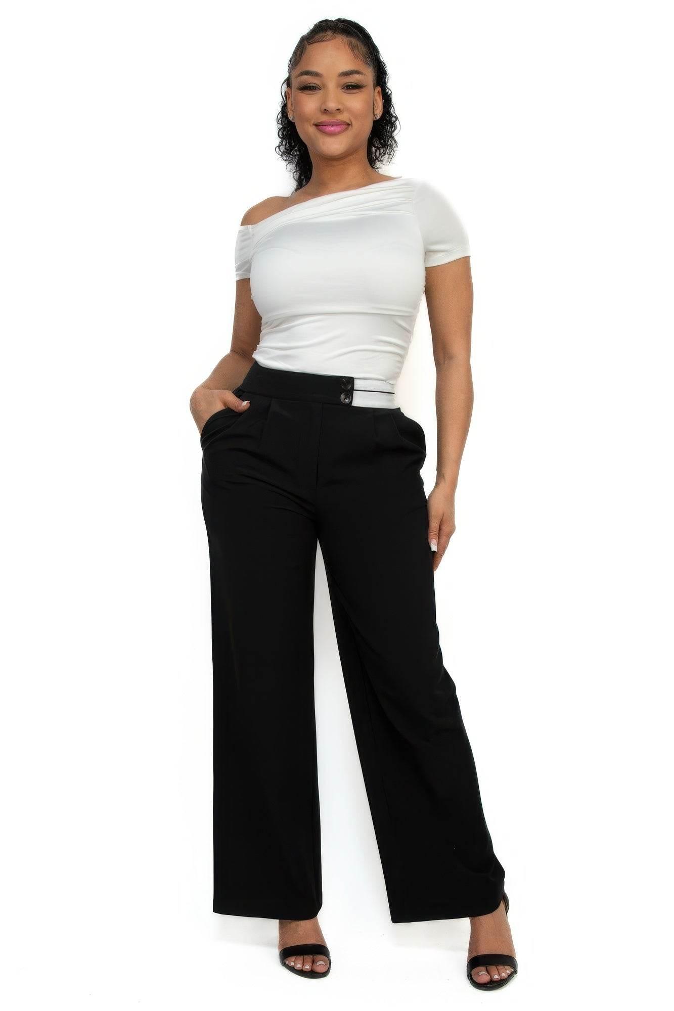 High-rise wide elastic contrast waist pants - LLR Chic