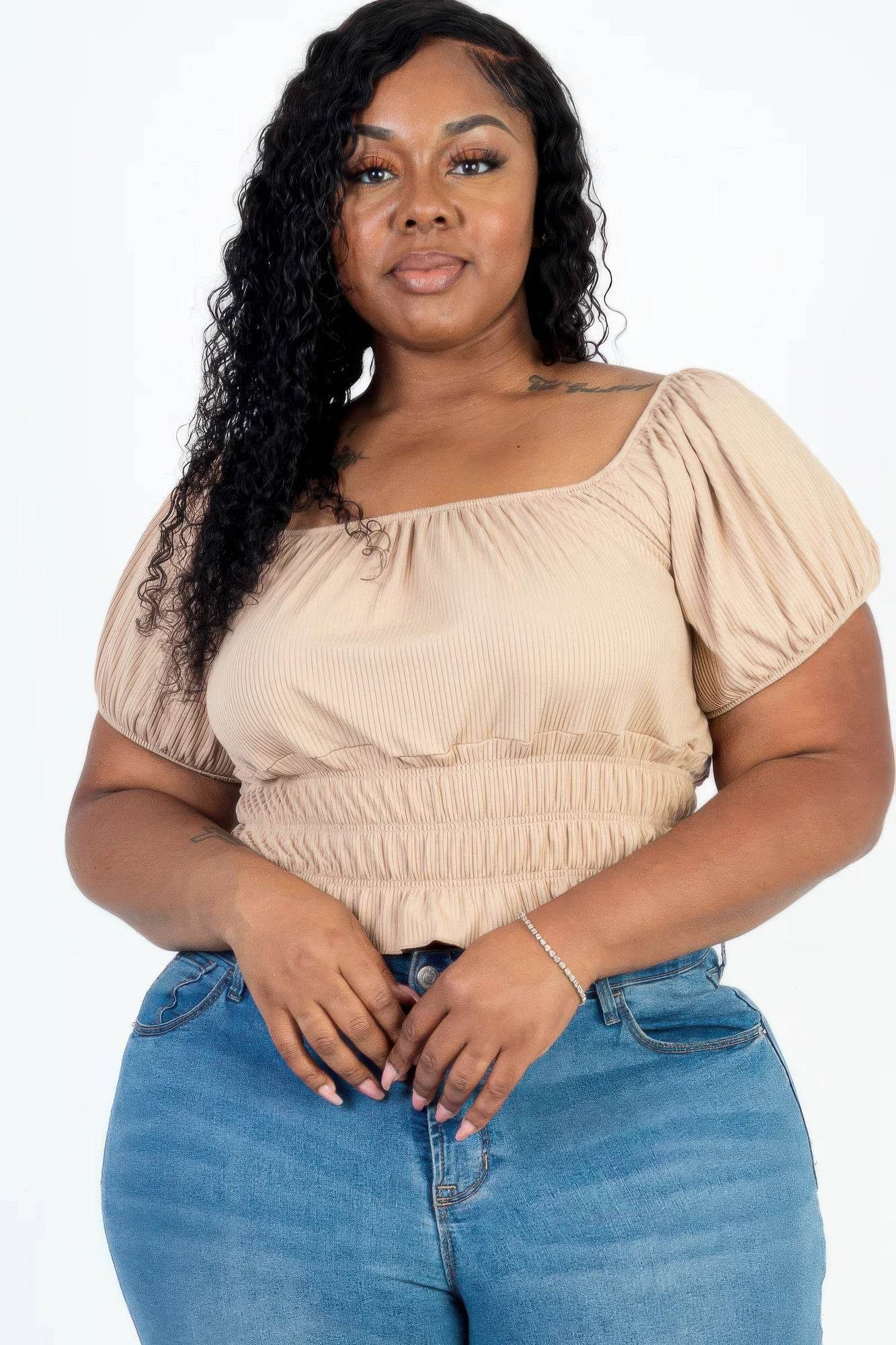 Plus size casual ruched puff sleeve ribbed knit solid top - LLR Chic