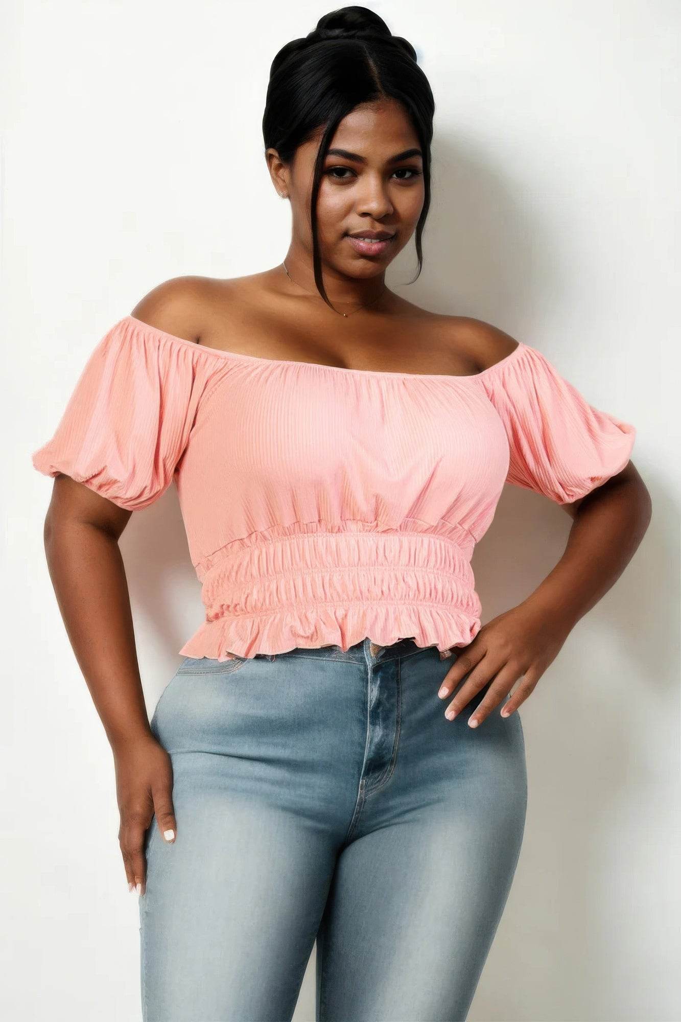 Plus size casual ruched puff sleeve ribbed knit solid top - LLR Chic