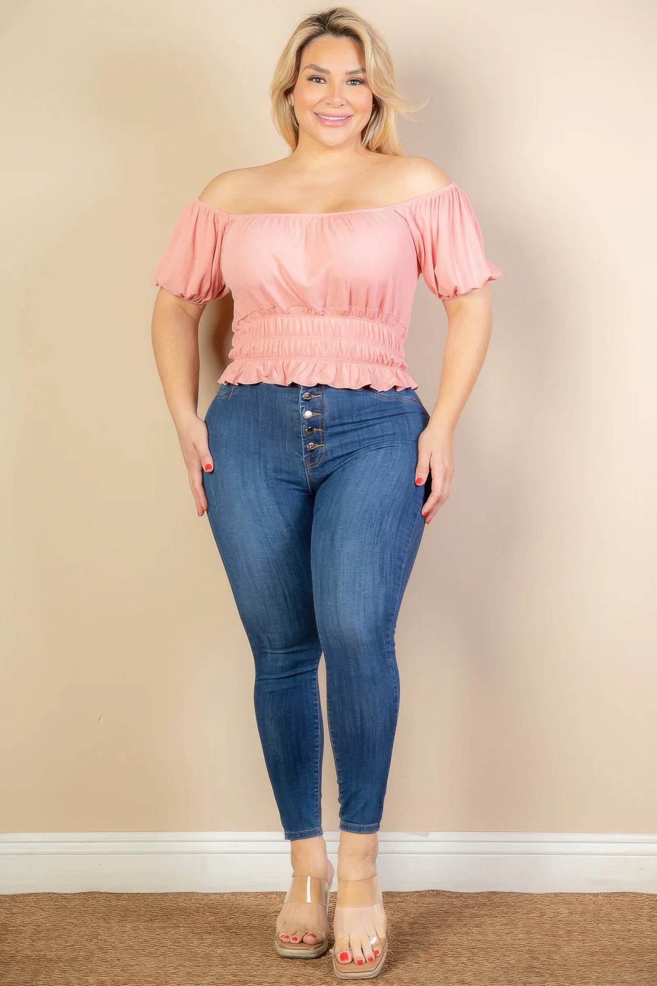 Plus size casual ruched puff sleeve ribbed knit solid top - LLR Chic