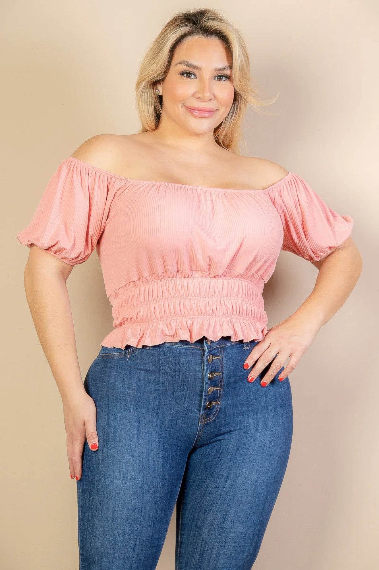 Plus size casual ruched puff sleeve ribbed knit solid top - LLR Chic