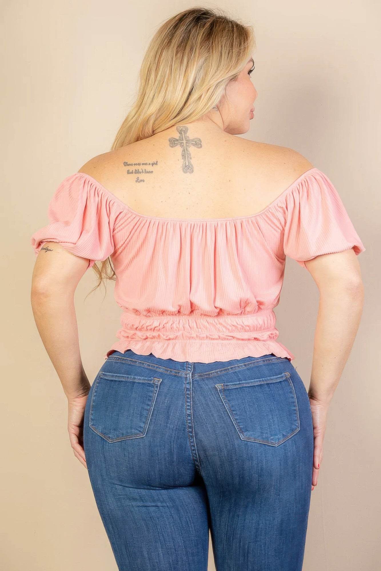 Plus size casual ruched puff sleeve ribbed knit solid top - LLR Chic