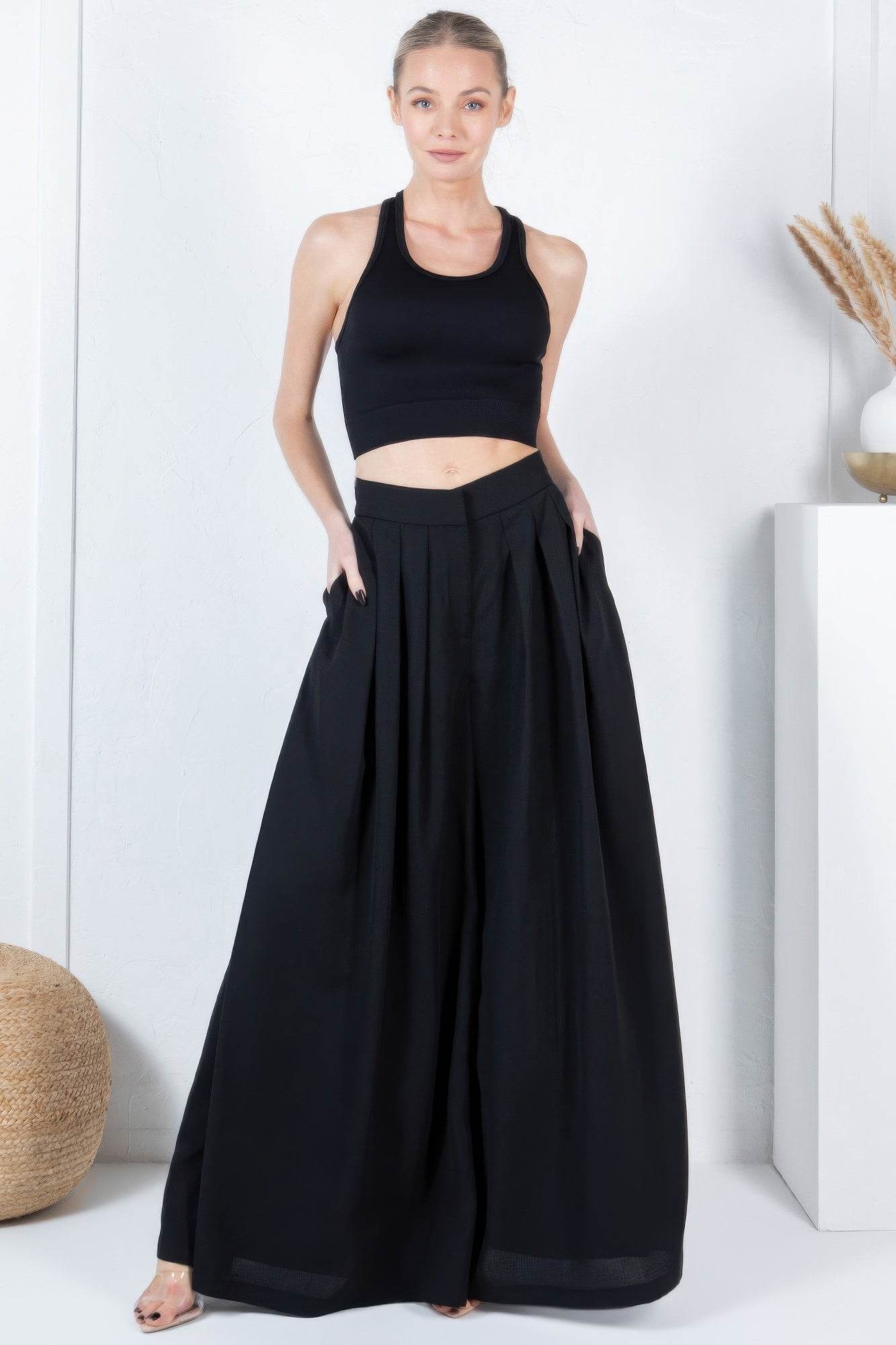Large Hem Wide Leg Pleated Solid Pants - LLR Chic