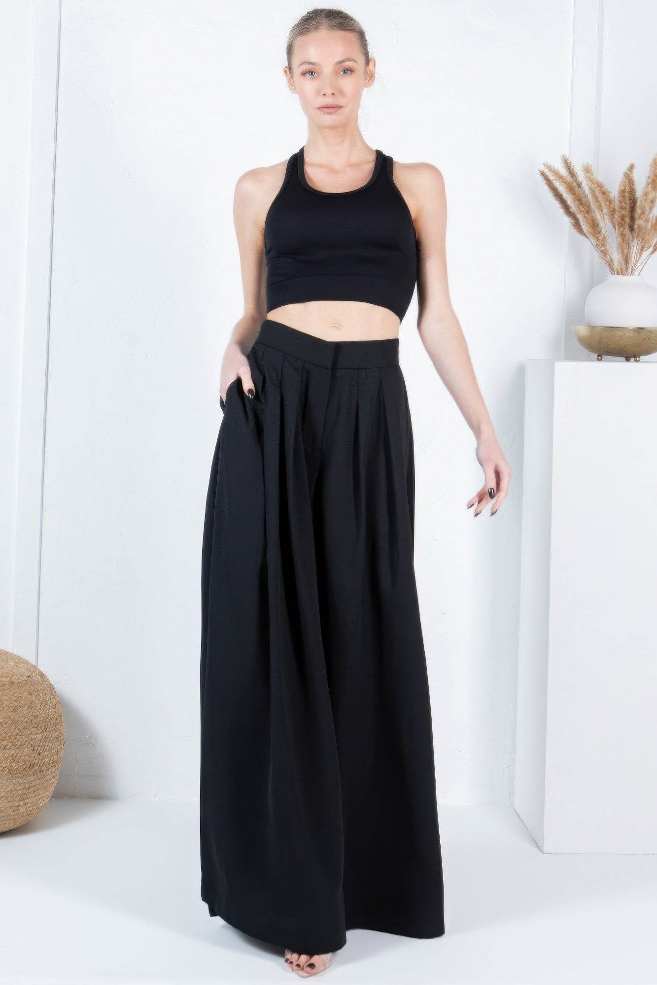 Large Hem Wide Leg Pleated Solid Pants - LLR Chic