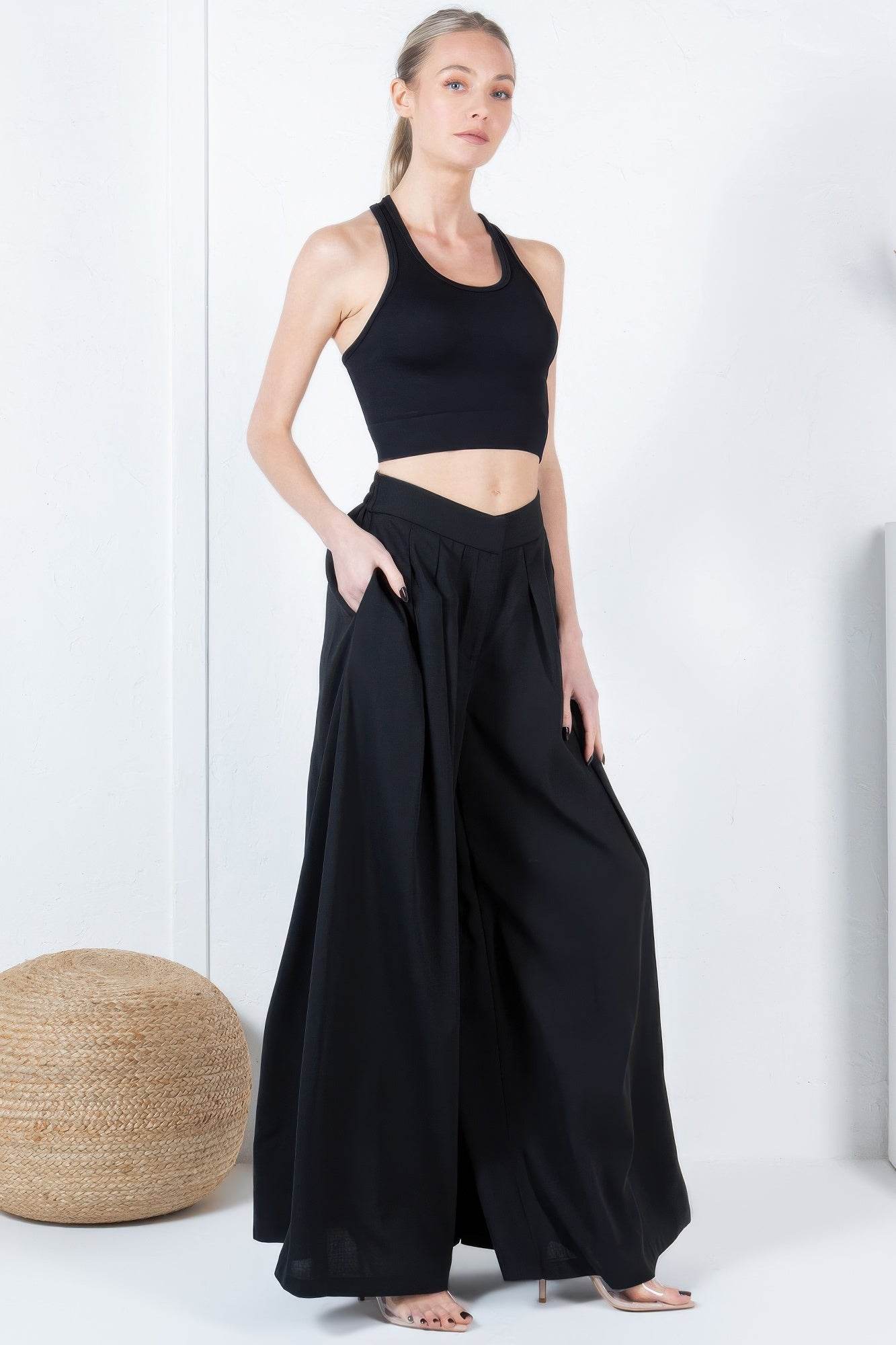 Large Hem Wide Leg Pleated Solid Pants - LLR Chic