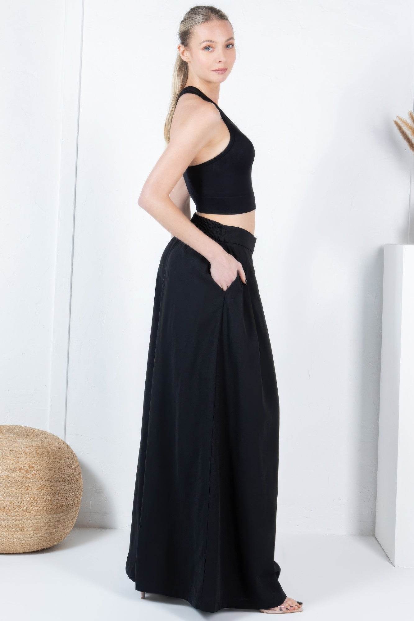 Large Hem Wide Leg Pleated Solid Pants - LLR Chic