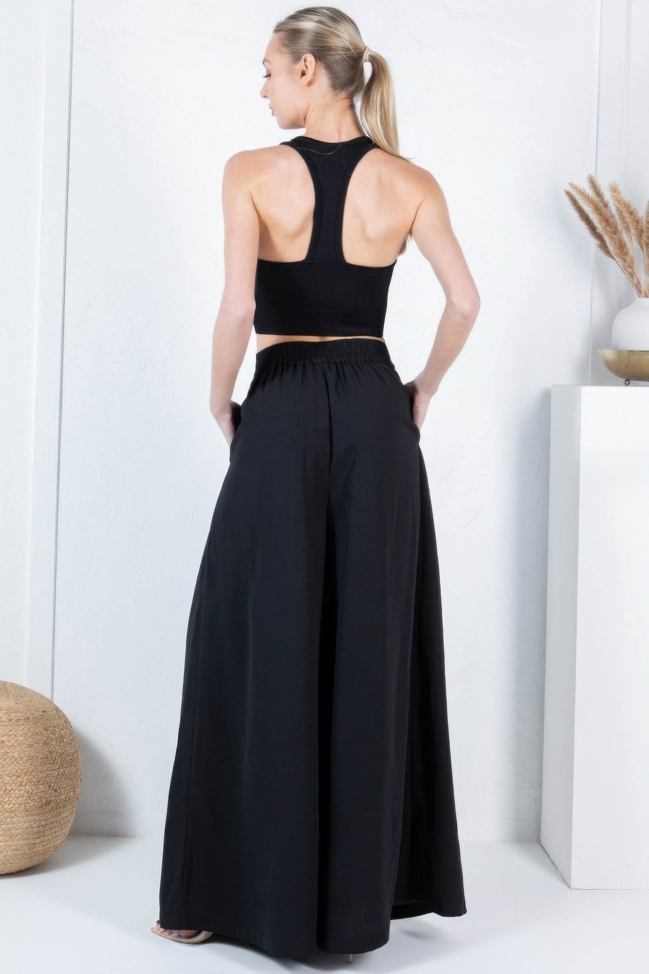 Large Hem Wide Leg Pleated Solid Pants - LLR Chic