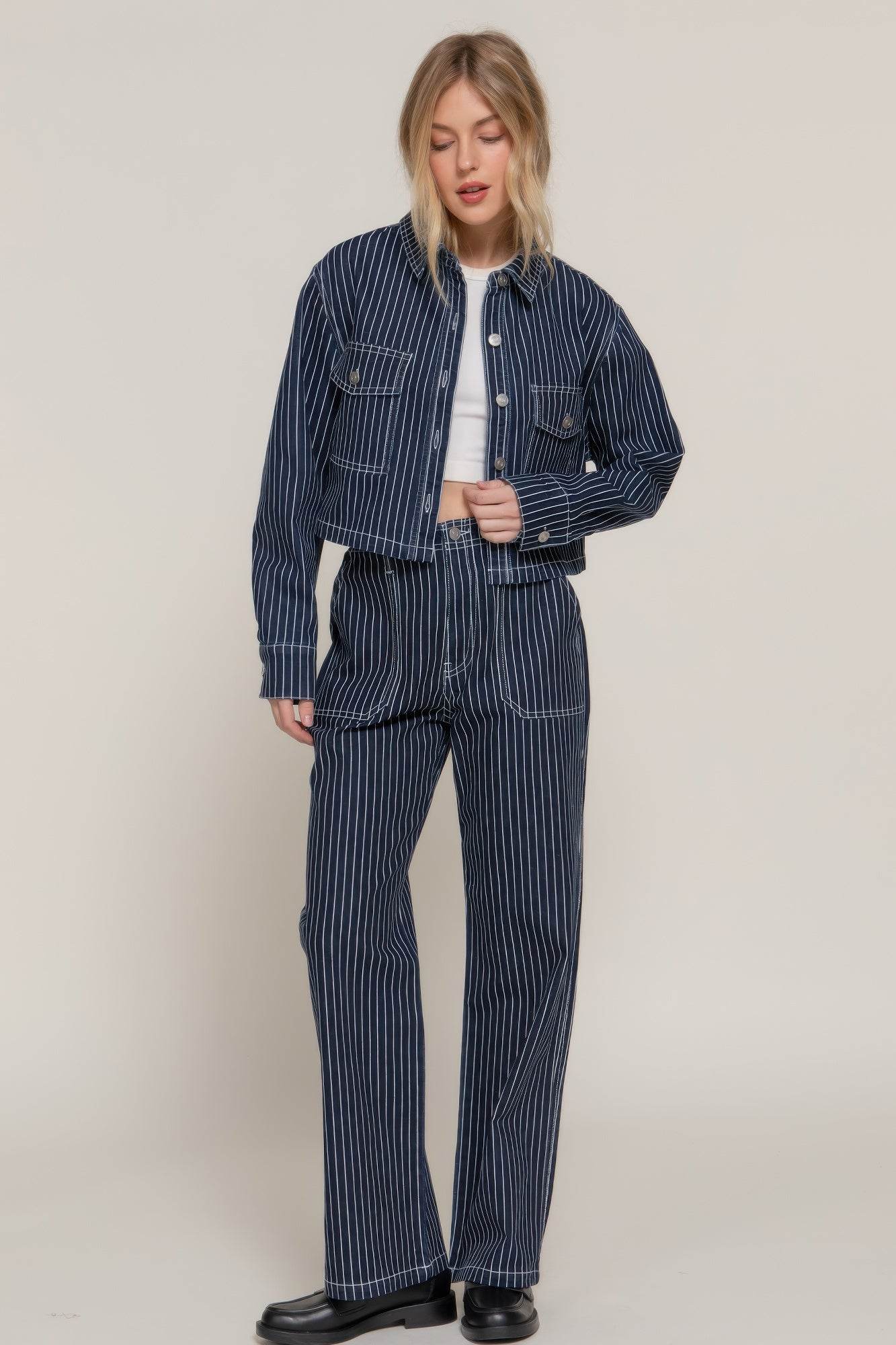 Button Down Stripe Denim Short Jacket - LLR Chic