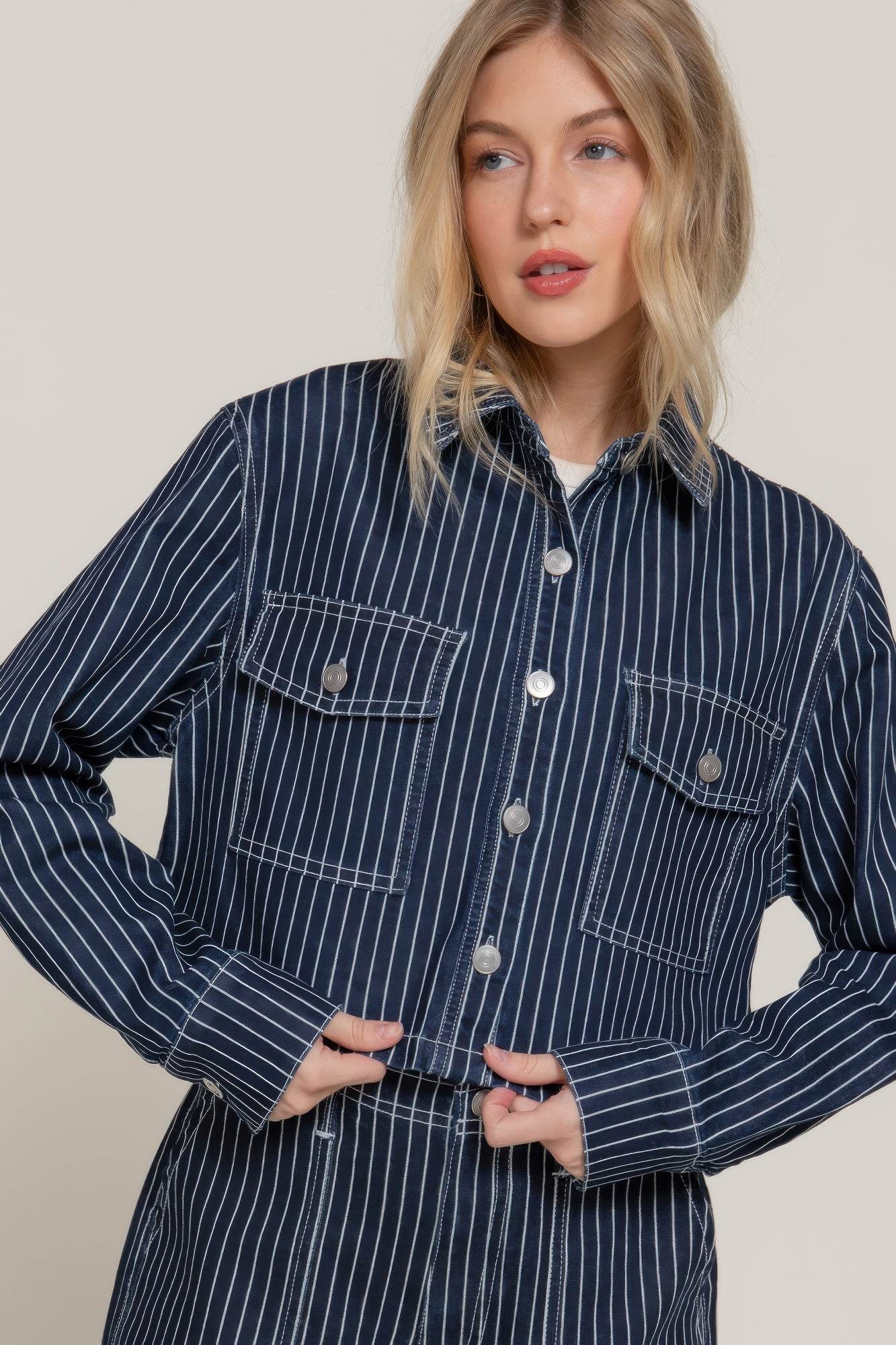 Button Down Stripe Denim Short Jacket - LLR Chic