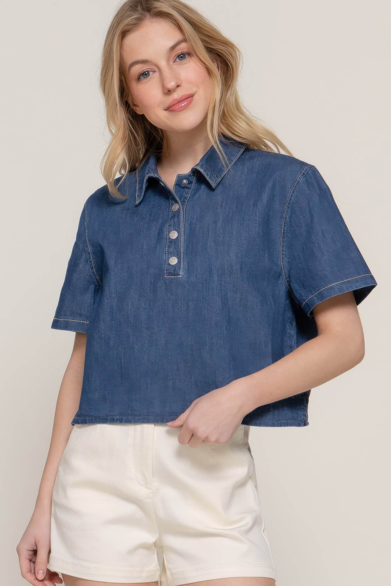 Short Sleeve Boxy Denim Shirt - LLR Chic