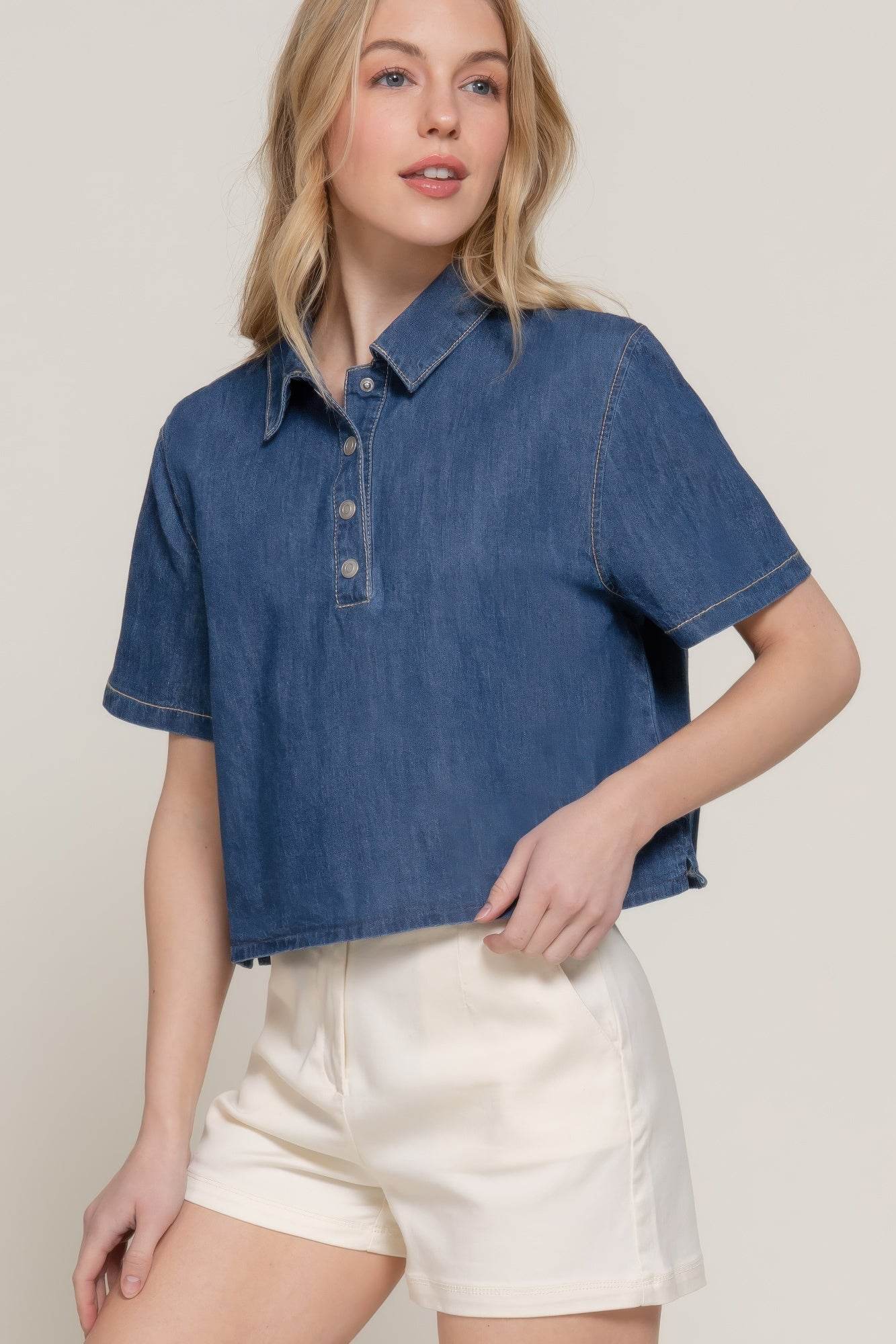 Short Sleeve Boxy Denim Shirt - LLR Chic