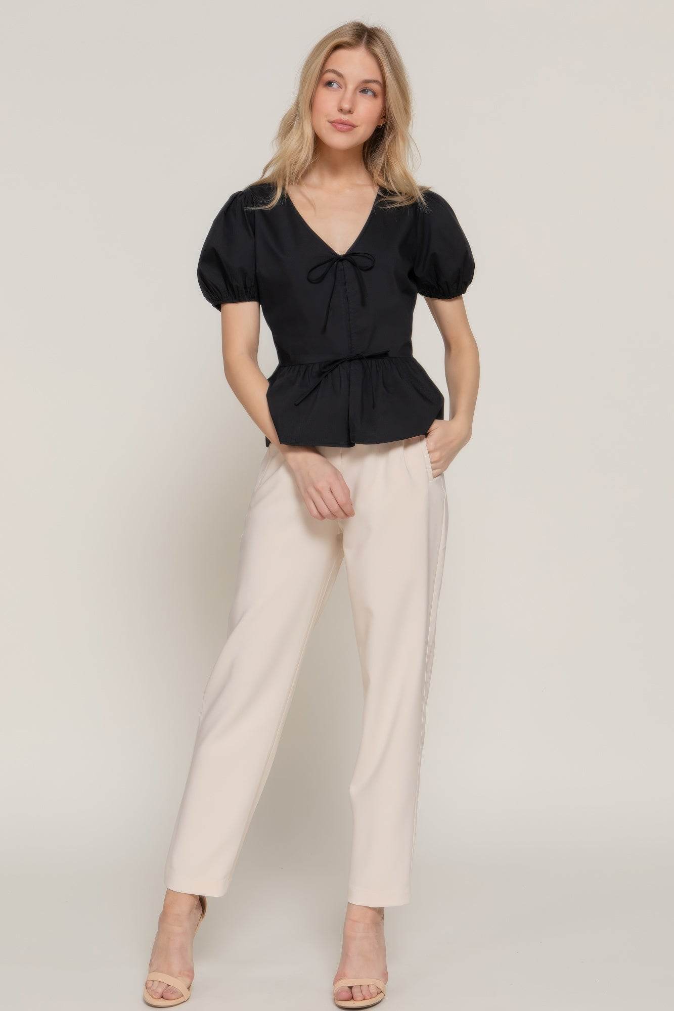 Short Puff Slv Tied Popline Top - LLR Chic