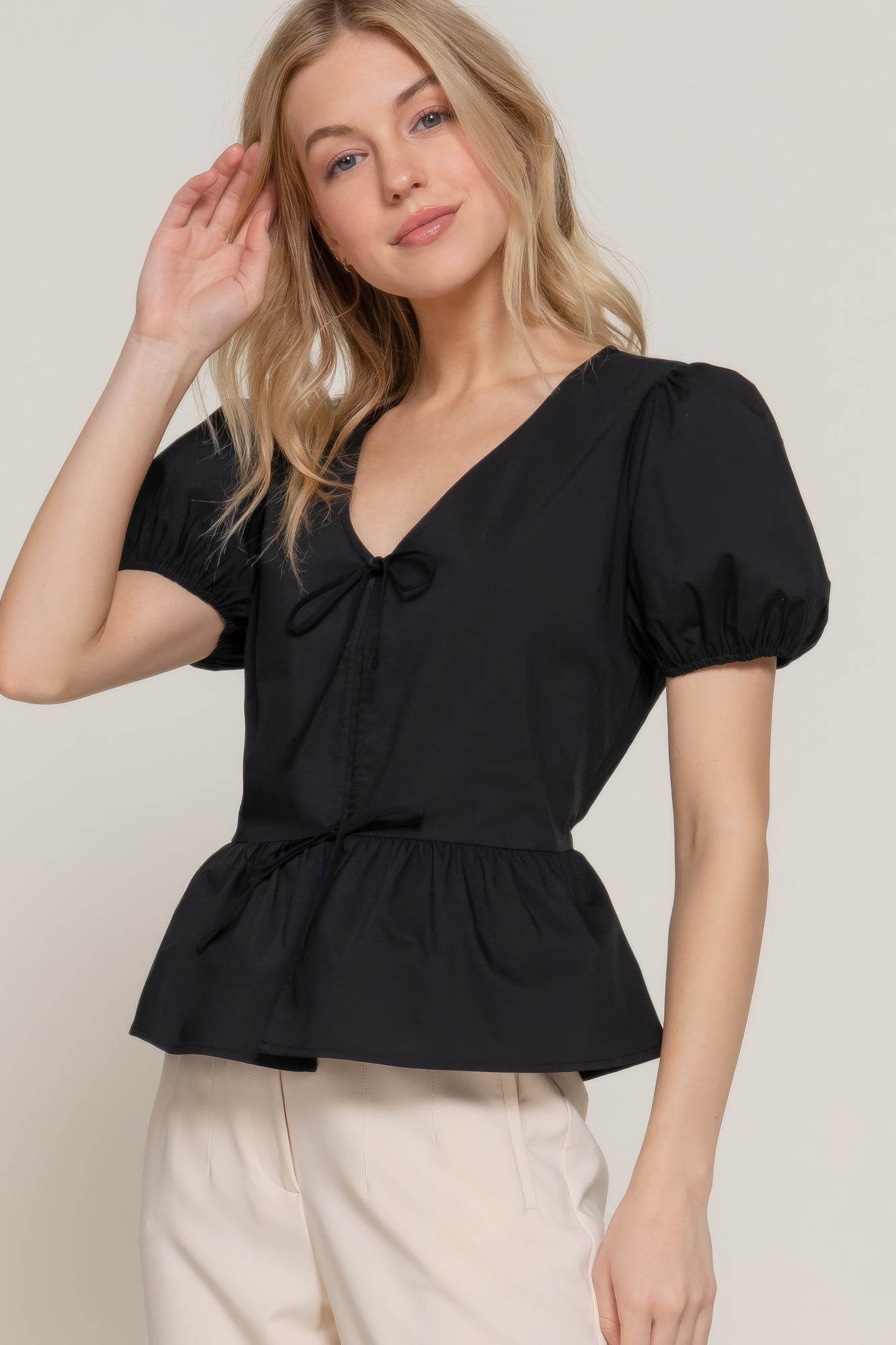 Short Puff Slv Tied Popline Top - LLR Chic