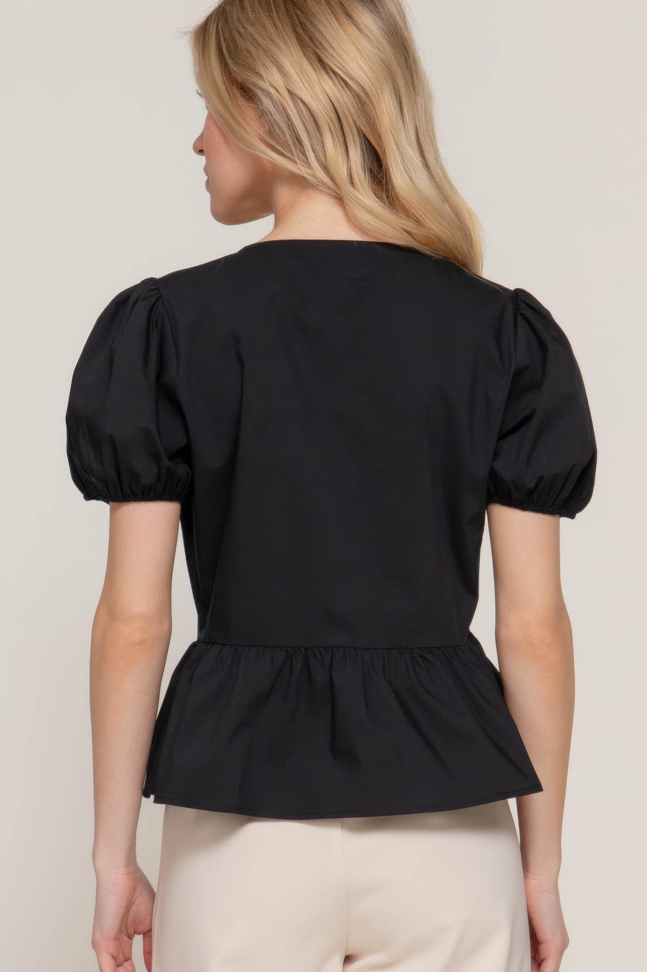 Short Puff Slv Tied Popline Top - LLR Chic