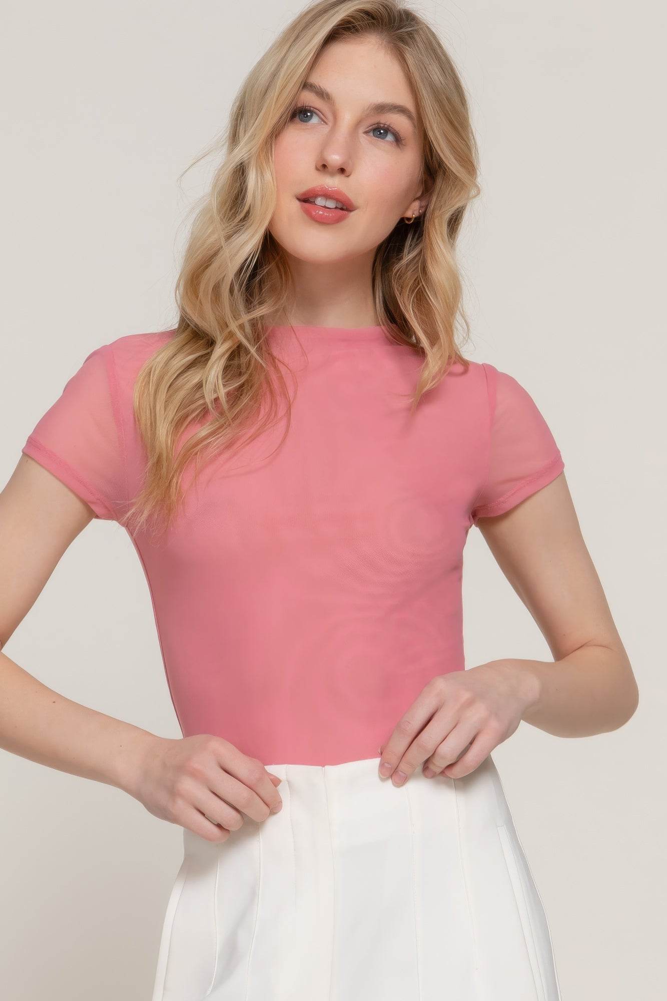 Short Cap Slv High Neck 2 Ply Mesh Top - LLR Chic