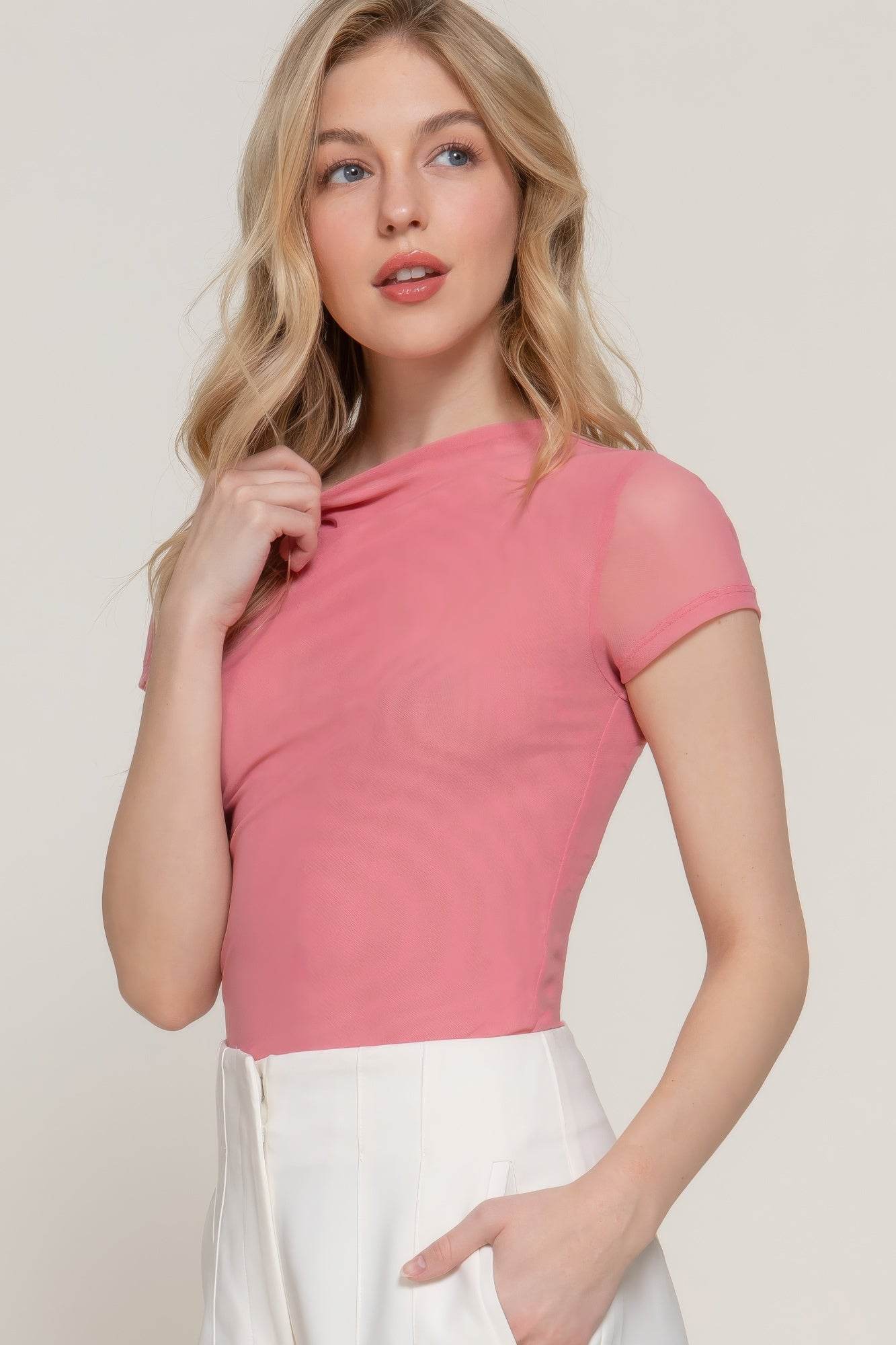 Short Cap Slv High Neck 2 Ply Mesh Top - LLR Chic