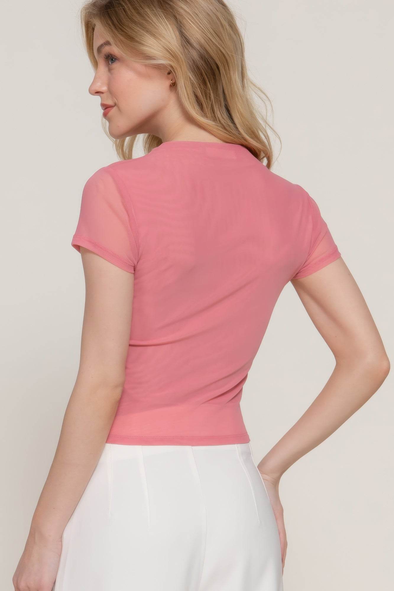 Short Cap Slv High Neck 2 Ply Mesh Top - LLR Chic
