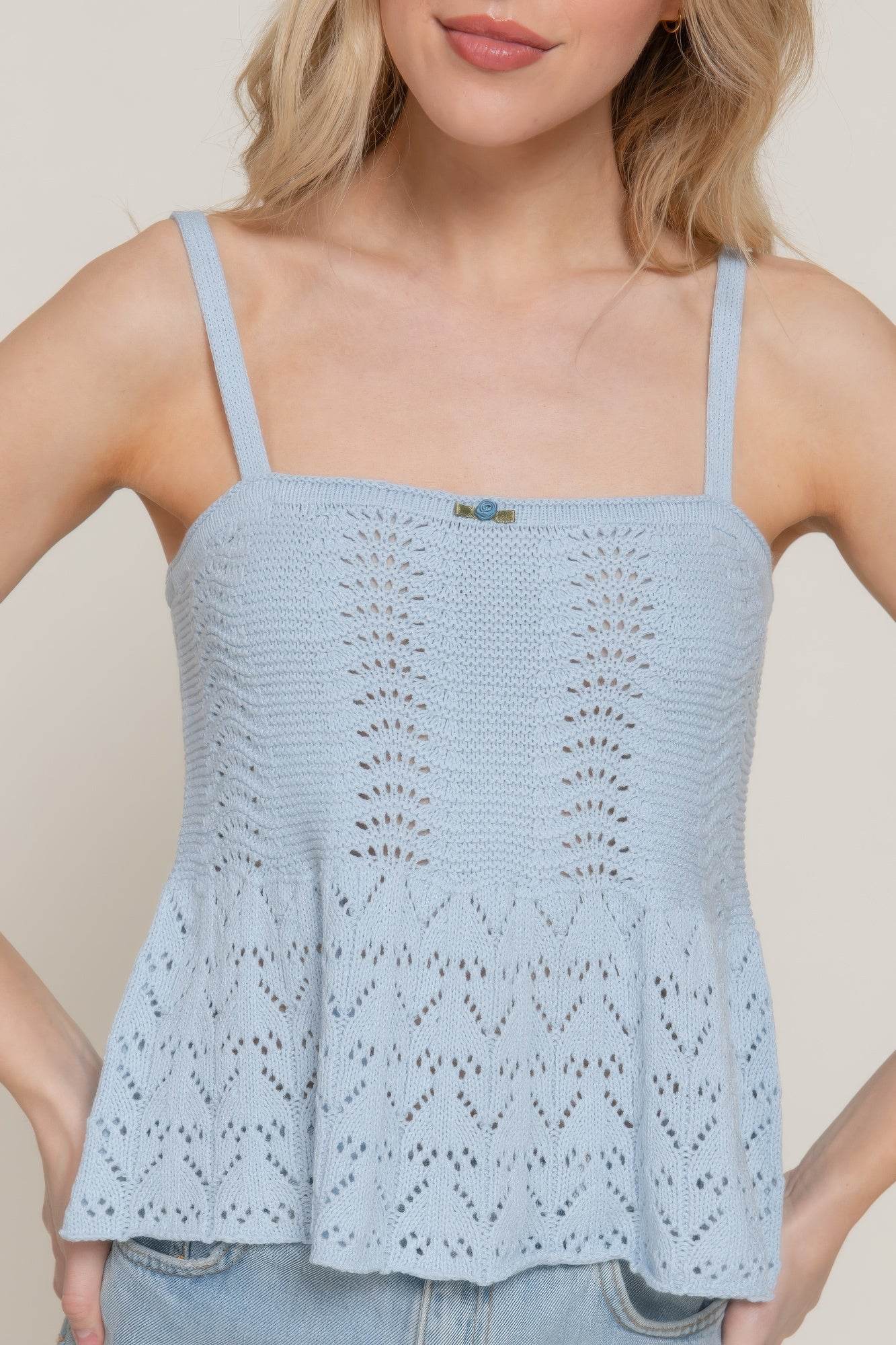Flower Trim Detail Pointelle Spring Sweater - LLR Chic