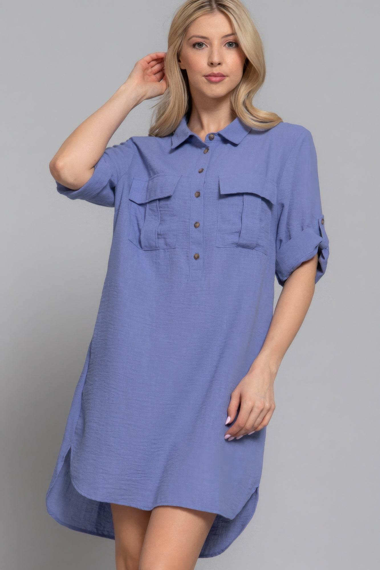 Roll Up Short Slv Straight Linen Effect Mini Dress - LLR Chic