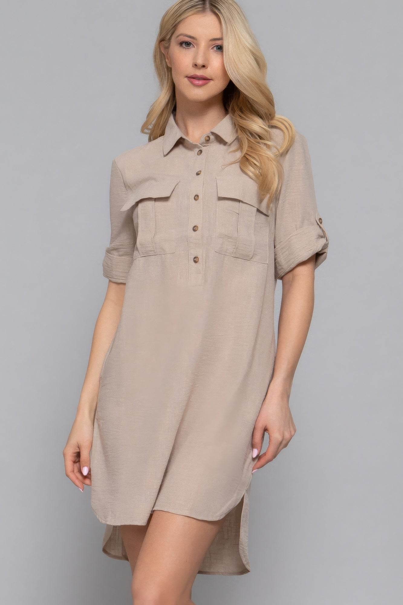 Roll Up Short Slv Straight Linen Effect Mini Dress - LLR Chic