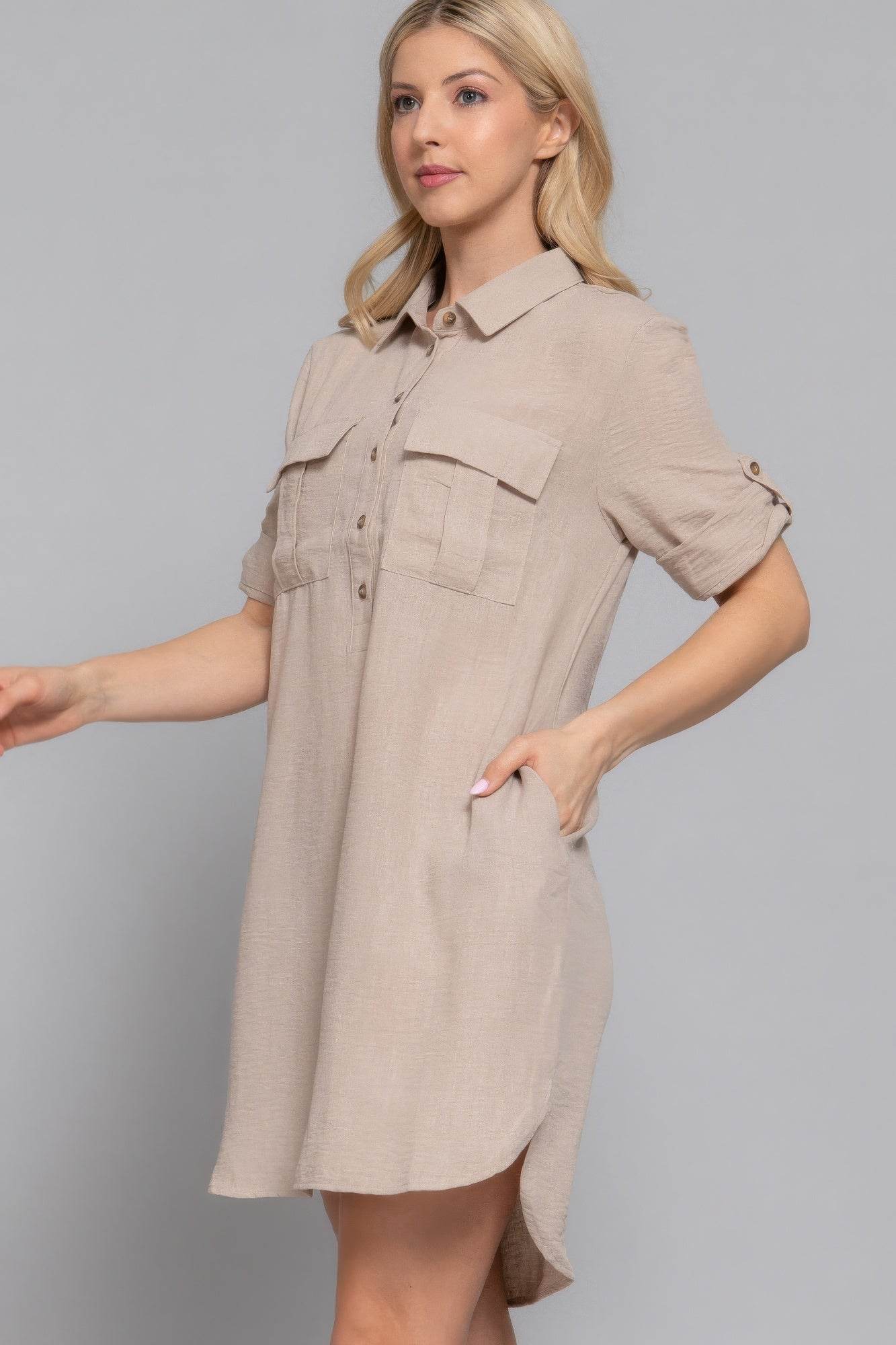 Roll Up Short Slv Straight Linen Effect Mini Dress - LLR Chic