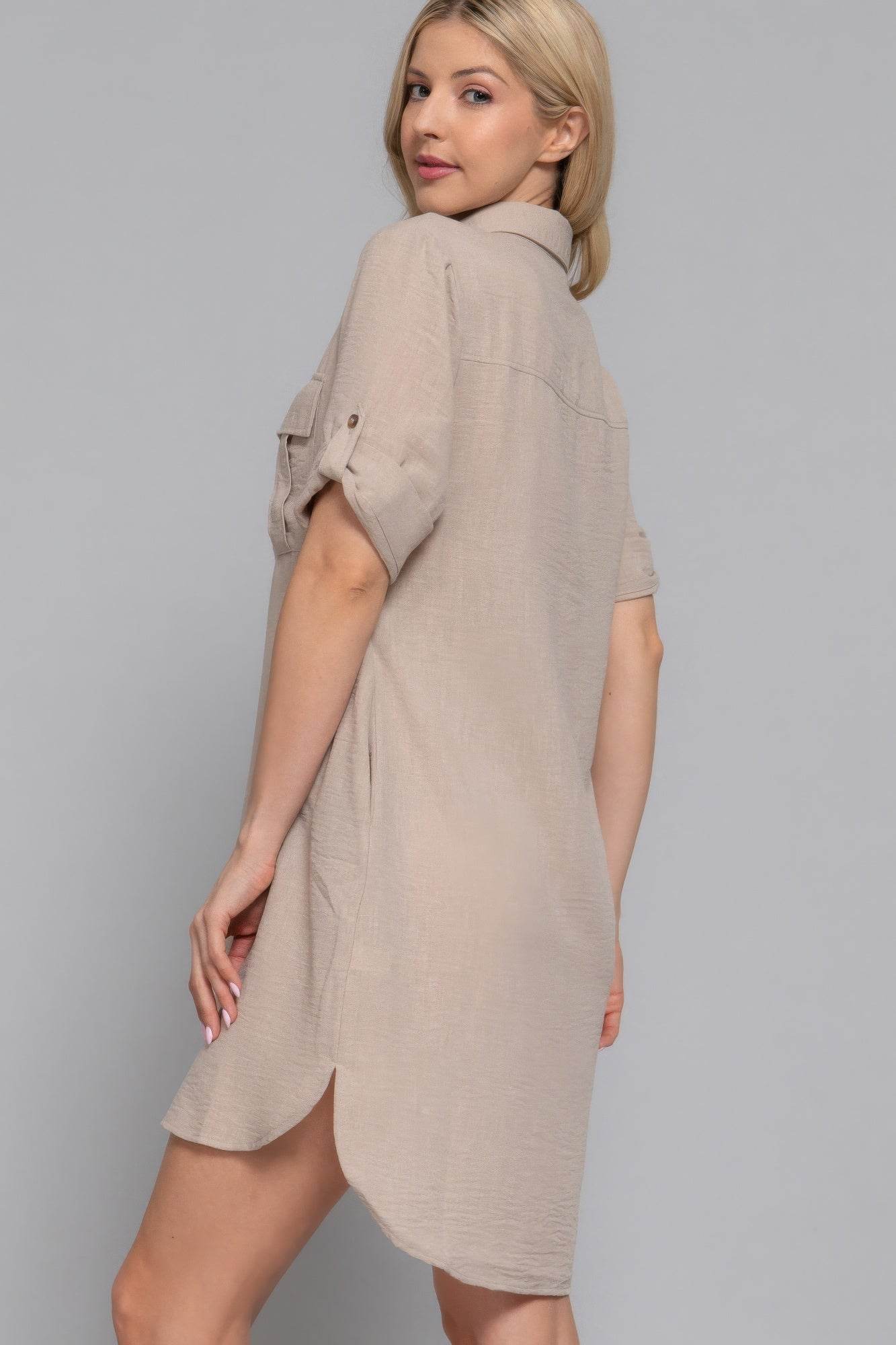 Roll Up Short Slv Straight Linen Effect Mini Dress - LLR Chic