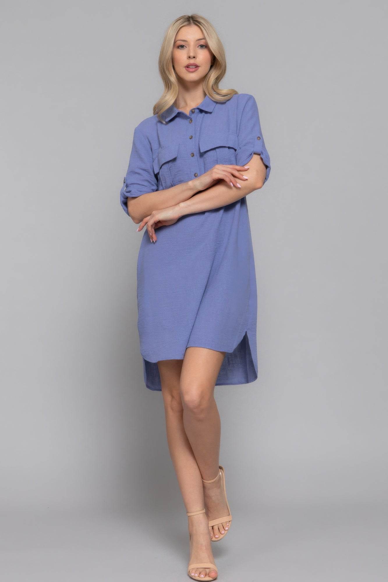 Roll Up Short Slv Straight Linen Effect Mini Dress - LLR Chic