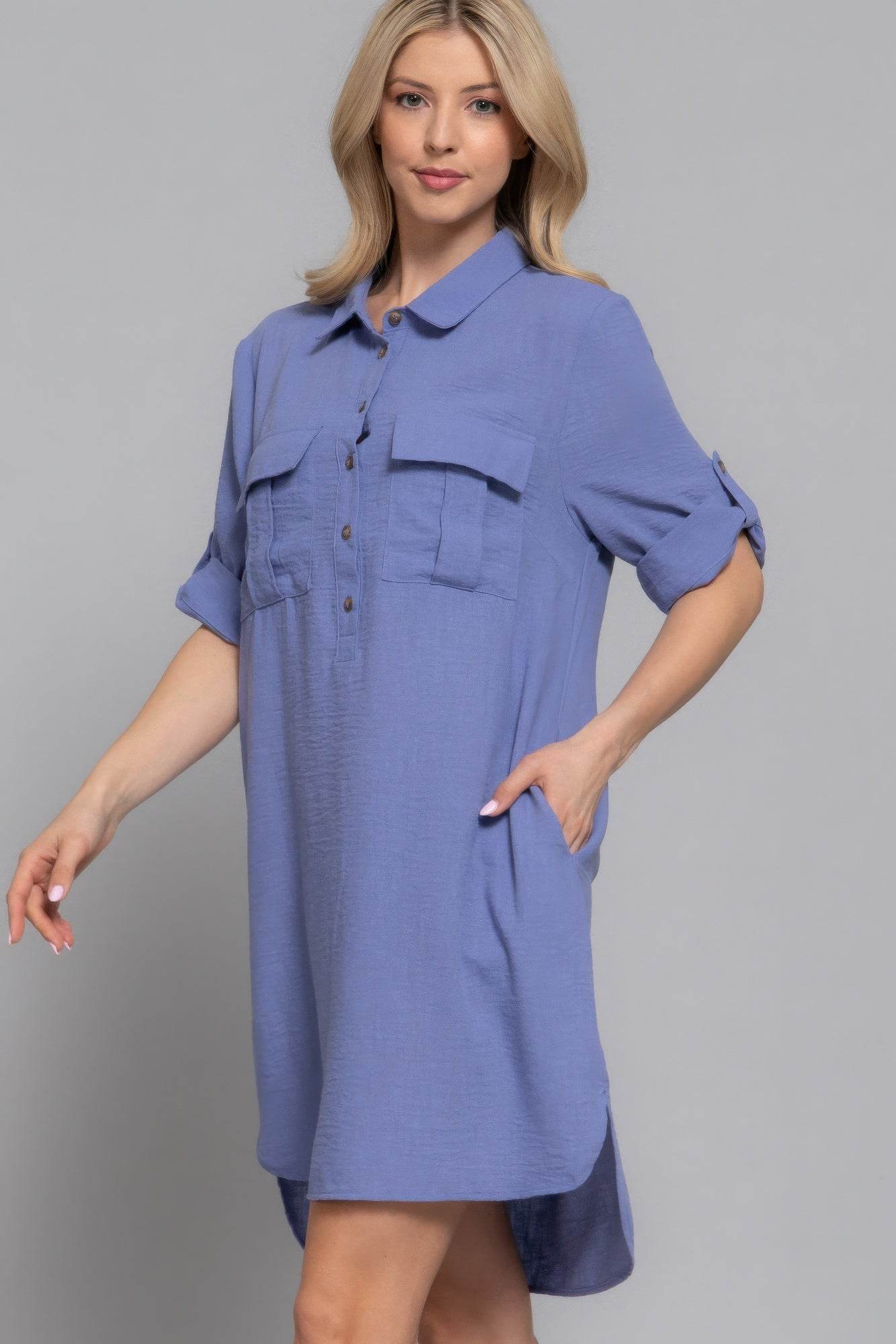 Roll Up Short Slv Straight Linen Effect Mini Dress - LLR Chic