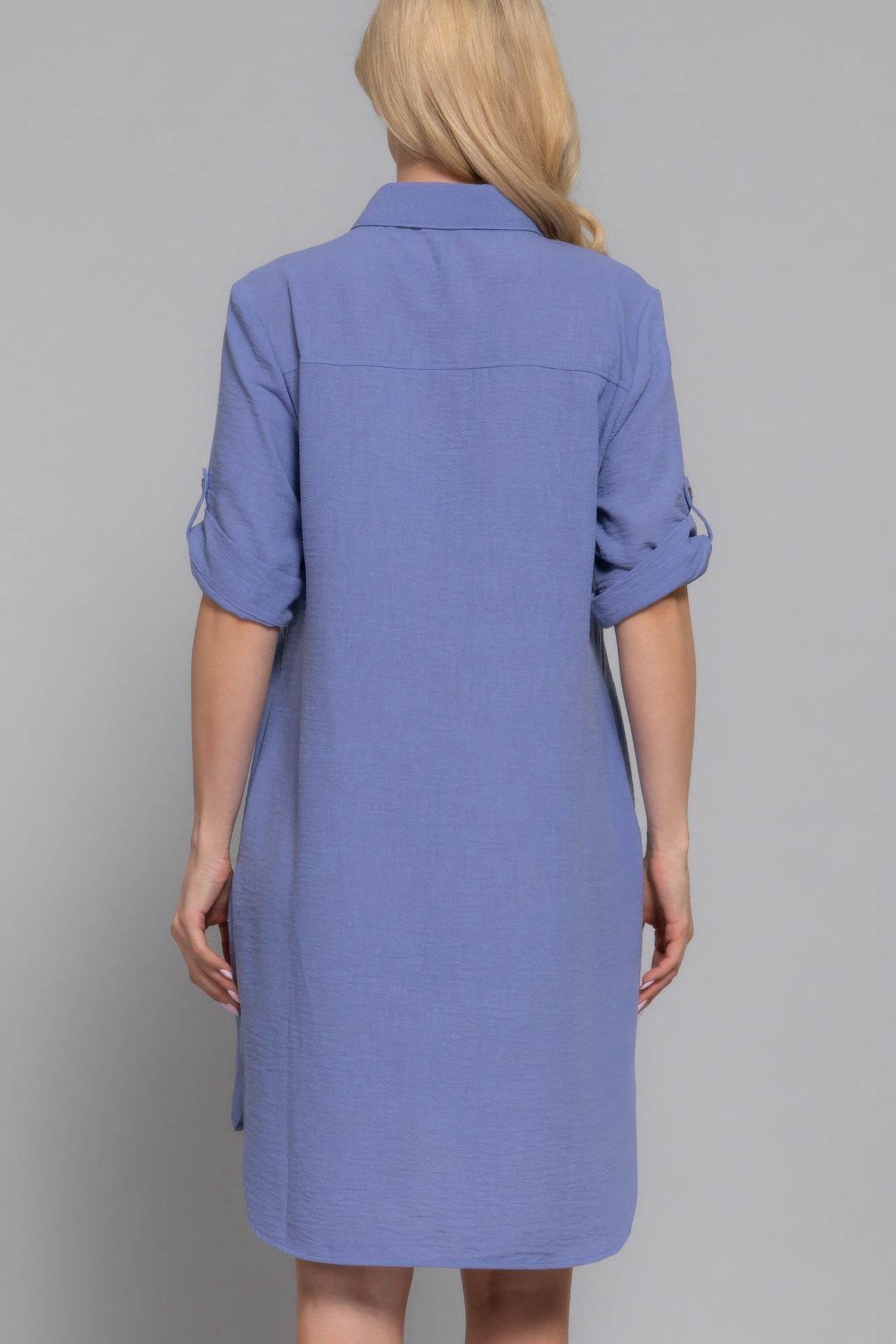 Roll Up Short Slv Straight Linen Effect Mini Dress - LLR Chic