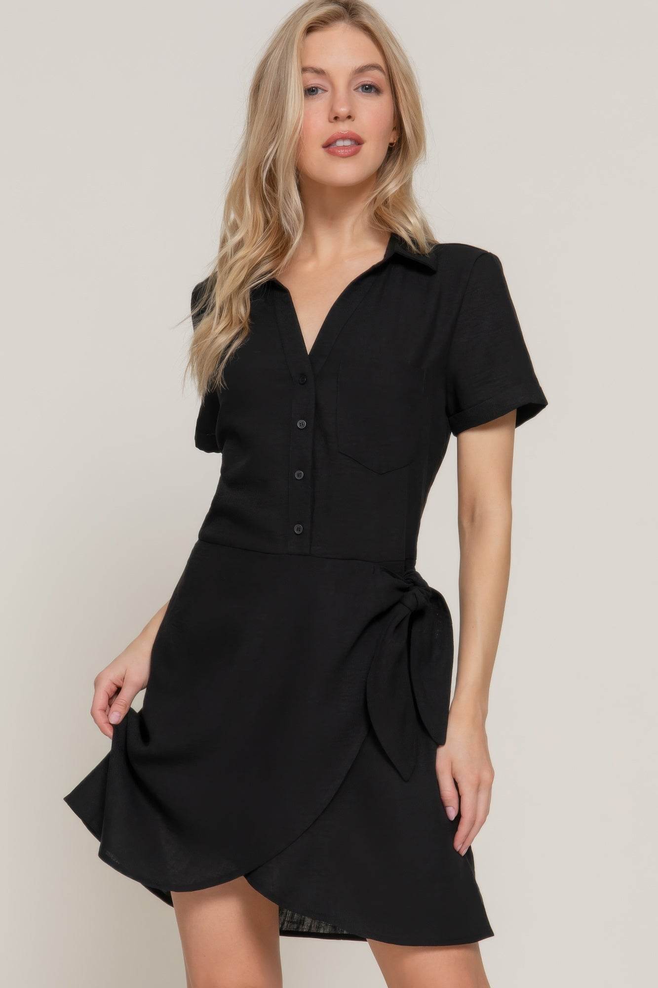 Button Down Side Bow Linen Effect Mini Dress - LLR Chic