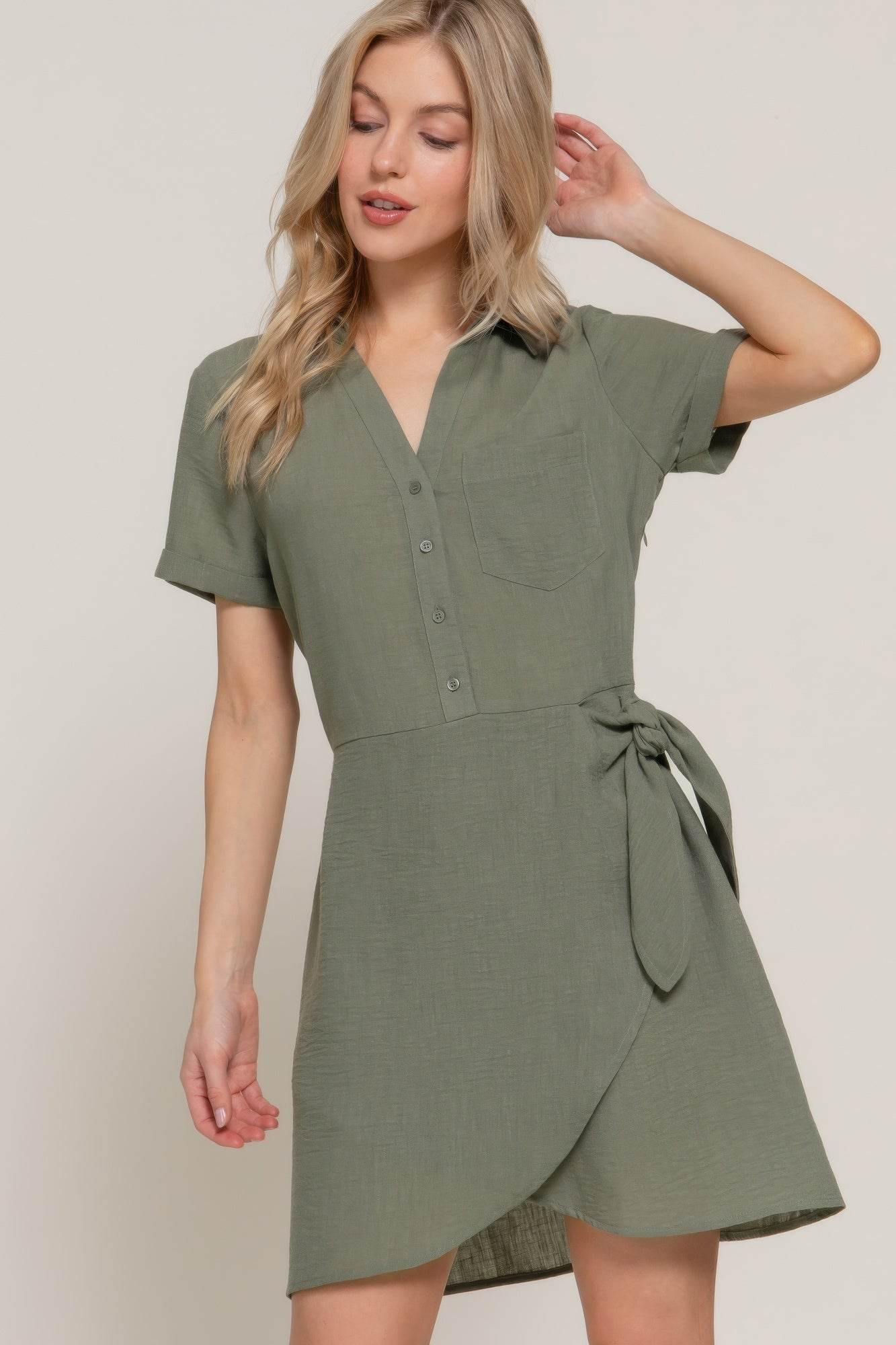 Button Down Side Bow Linen Effect Mini Dress - LLR Chic