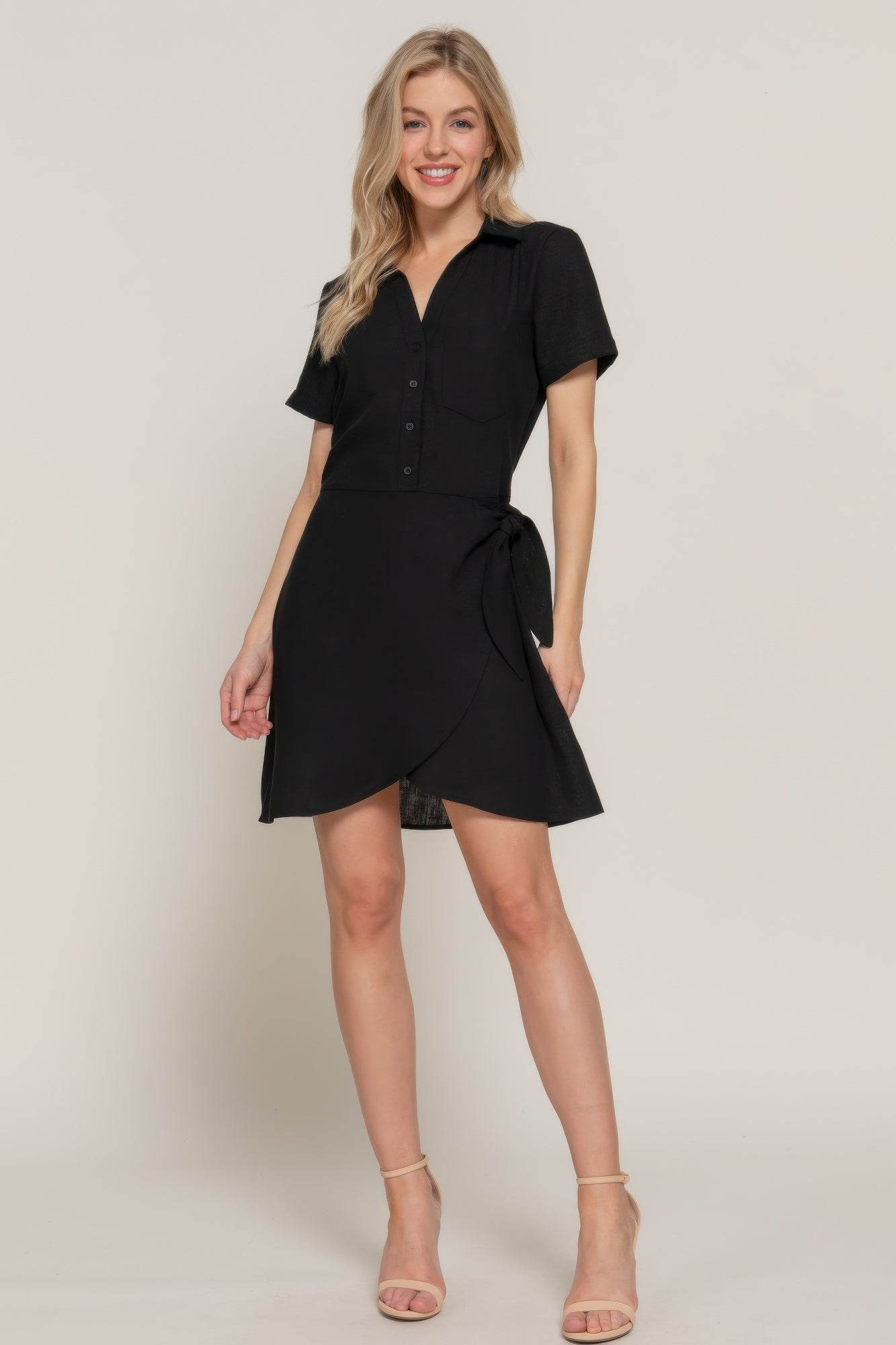 Button Down Side Bow Linen Effect Mini Dress - LLR Chic