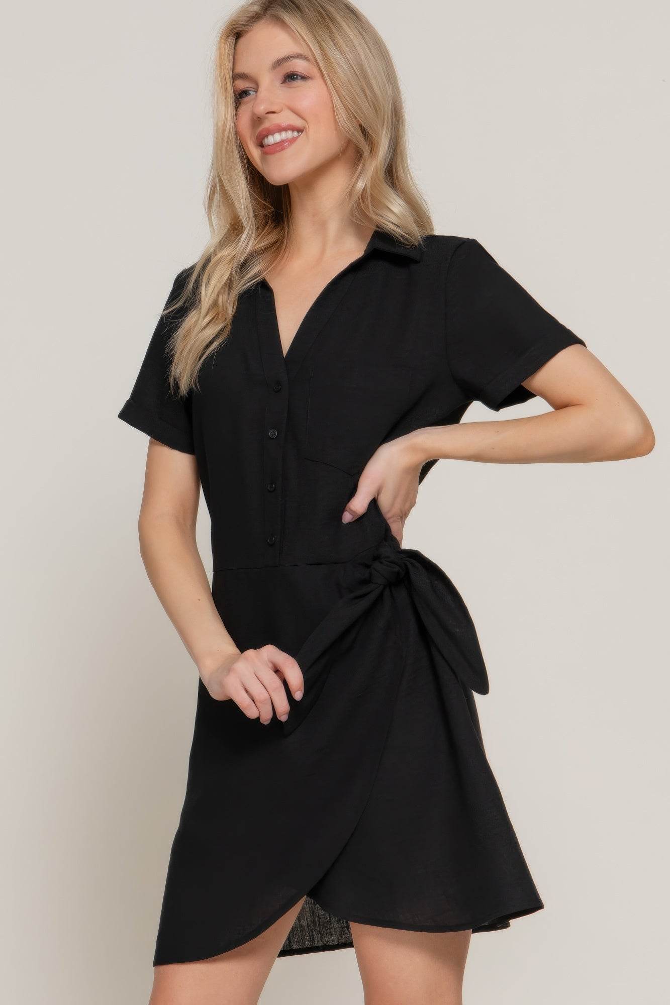 Button Down Side Bow Linen Effect Mini Dress - LLR Chic