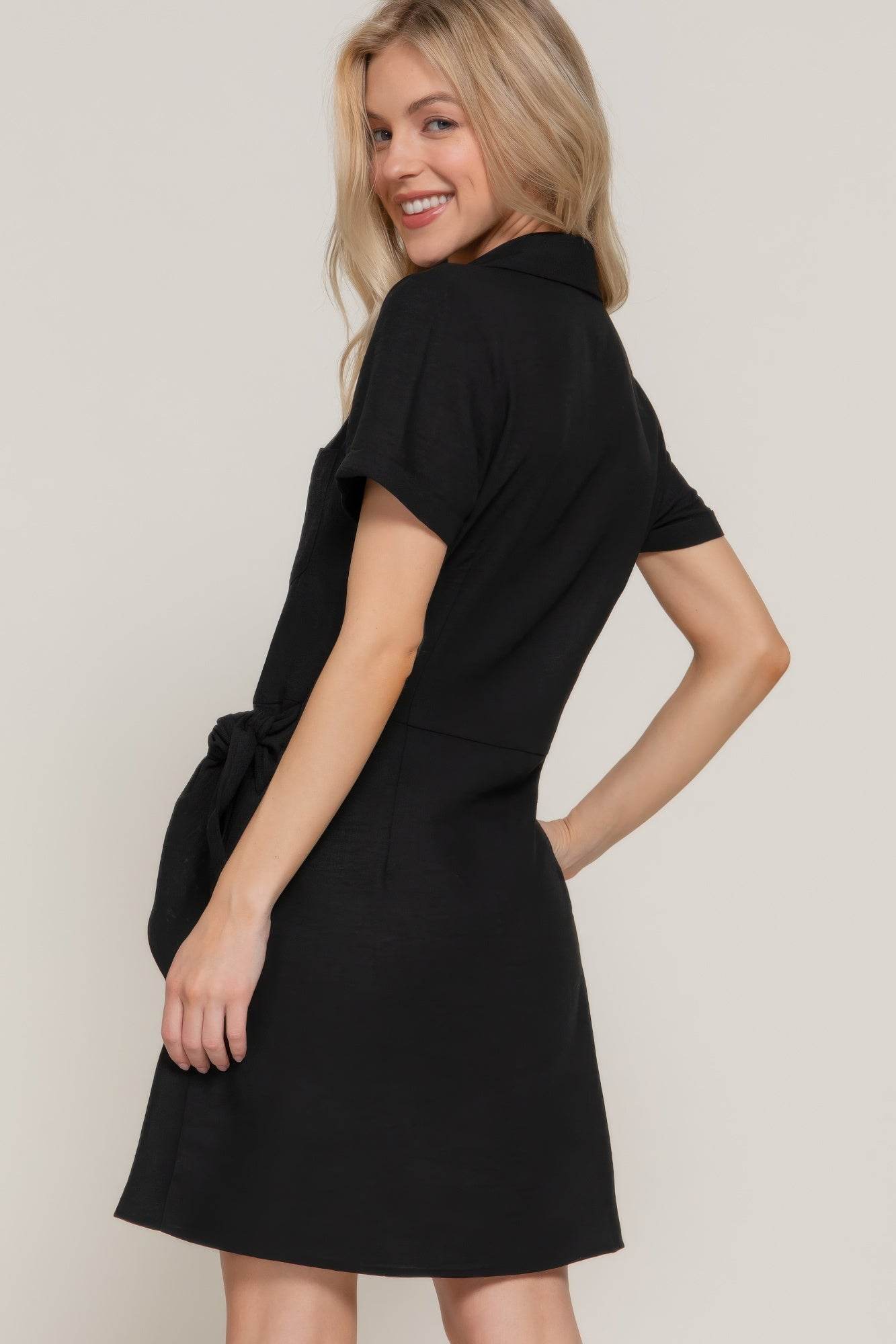 Button Down Side Bow Linen Effect Mini Dress - LLR Chic